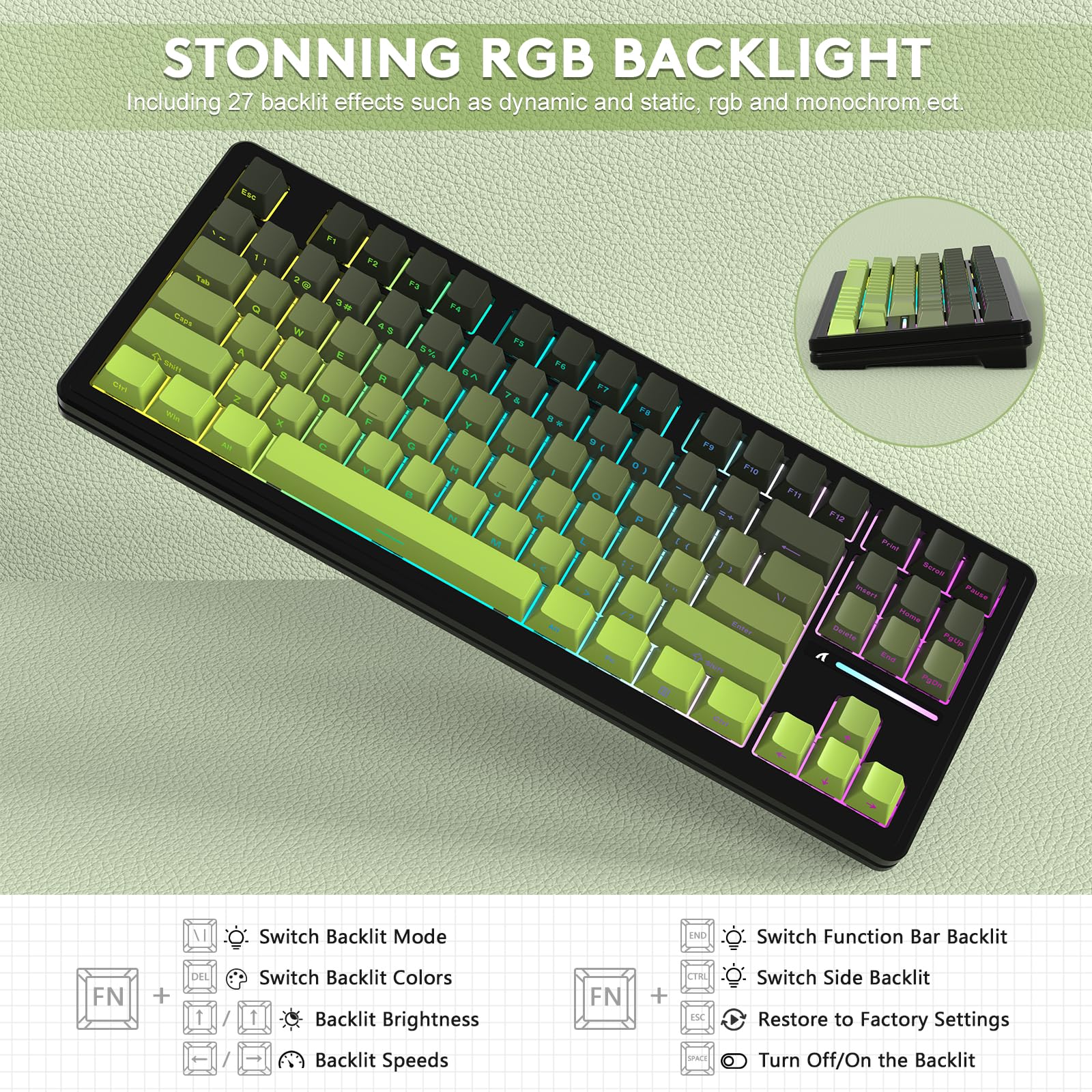 LexonElec x Attack Shark M87 Clavier de Jeu sans Fil à 75%, BT5.0/2,4G/Filaire, 27 RGB Backlit, Clavier Mécanique Hot-Swap Switch Linear, QWERTY Touches Dégradé PBT à Impression Latérale - Noir/Vert