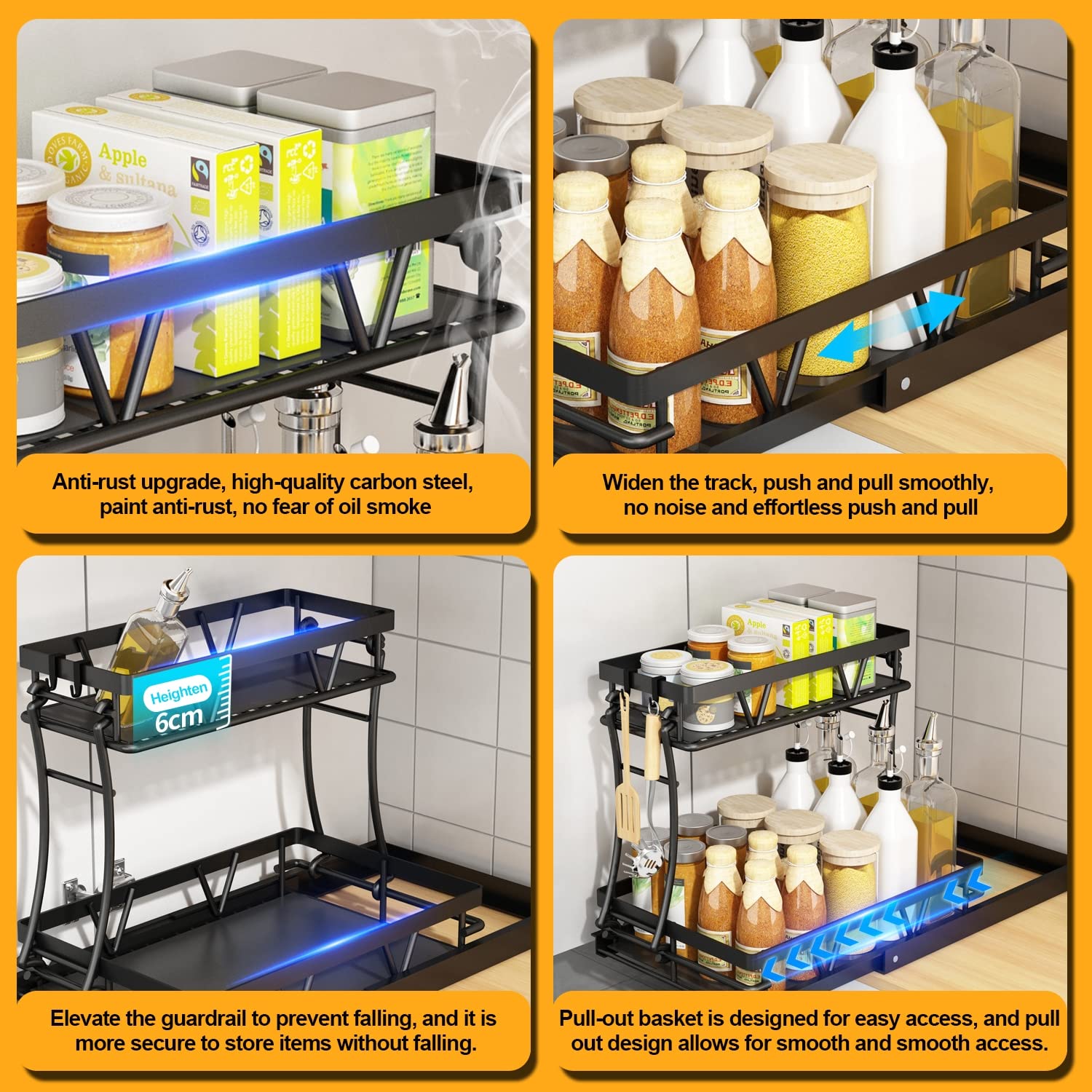 AVSMGP Scaffale portaoggetti per armadietto, Organizer Sottolavello Cucina, Organizer Cucina, Scaffale portaoggetti per armadietto con 2 cassetti scorrevoli per Ufficio Cucina,Nero