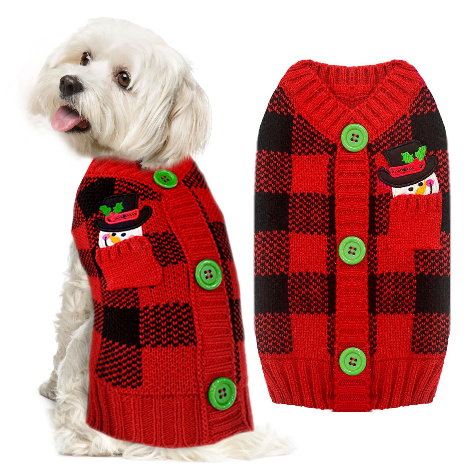 ABRRLO Dog Christams Jumpers XS Small V Neck Puppy Xmas Jumper Cute Snowman Red Doggy Cat Christmas Sweater Knitted Outfits for Small Medium Large Dogs (Grid snowman,S)