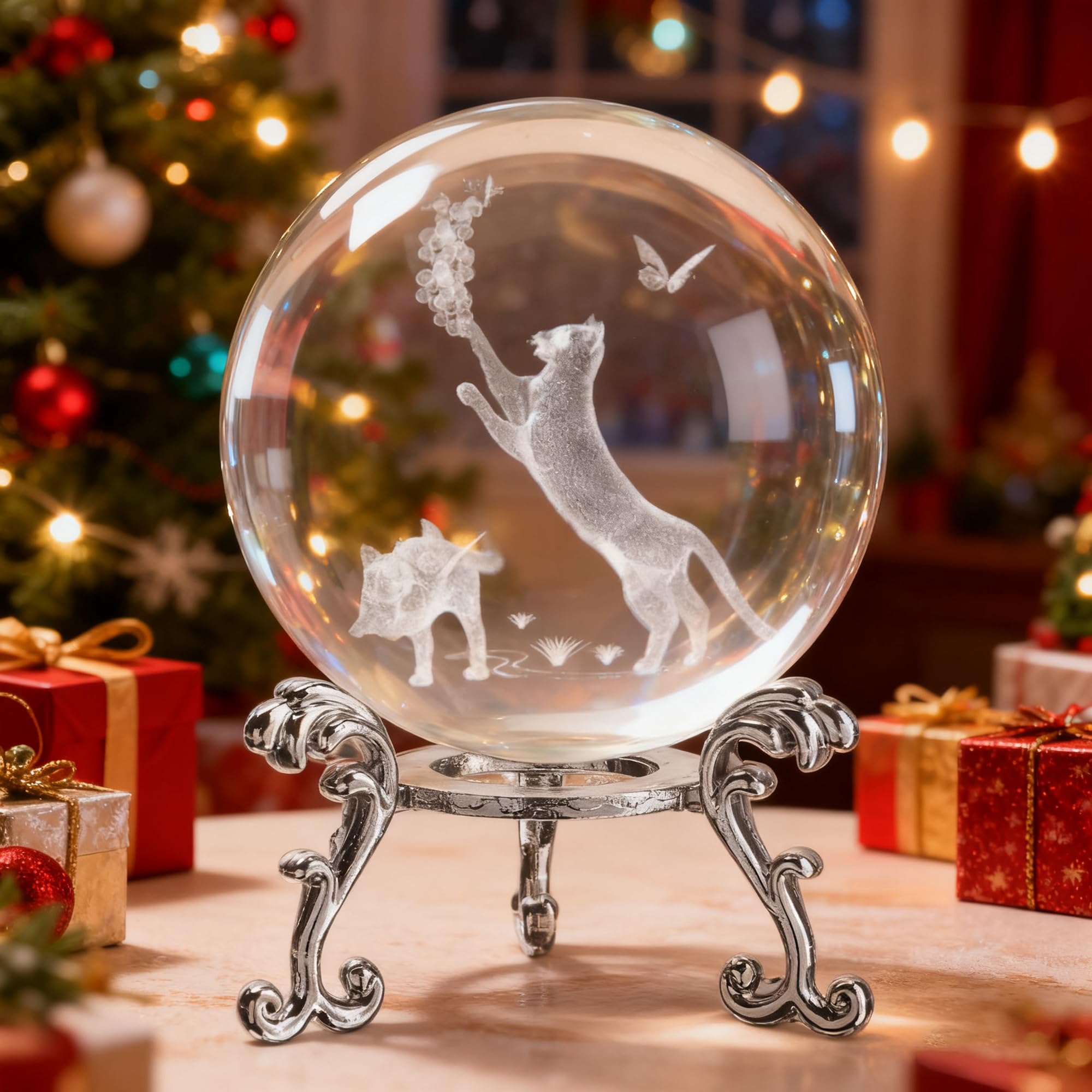ZEERSHEE 60mm 3D Glass Laser Crystal Ball with Stand - Cat Gift & Paperweight for Cat Lovers