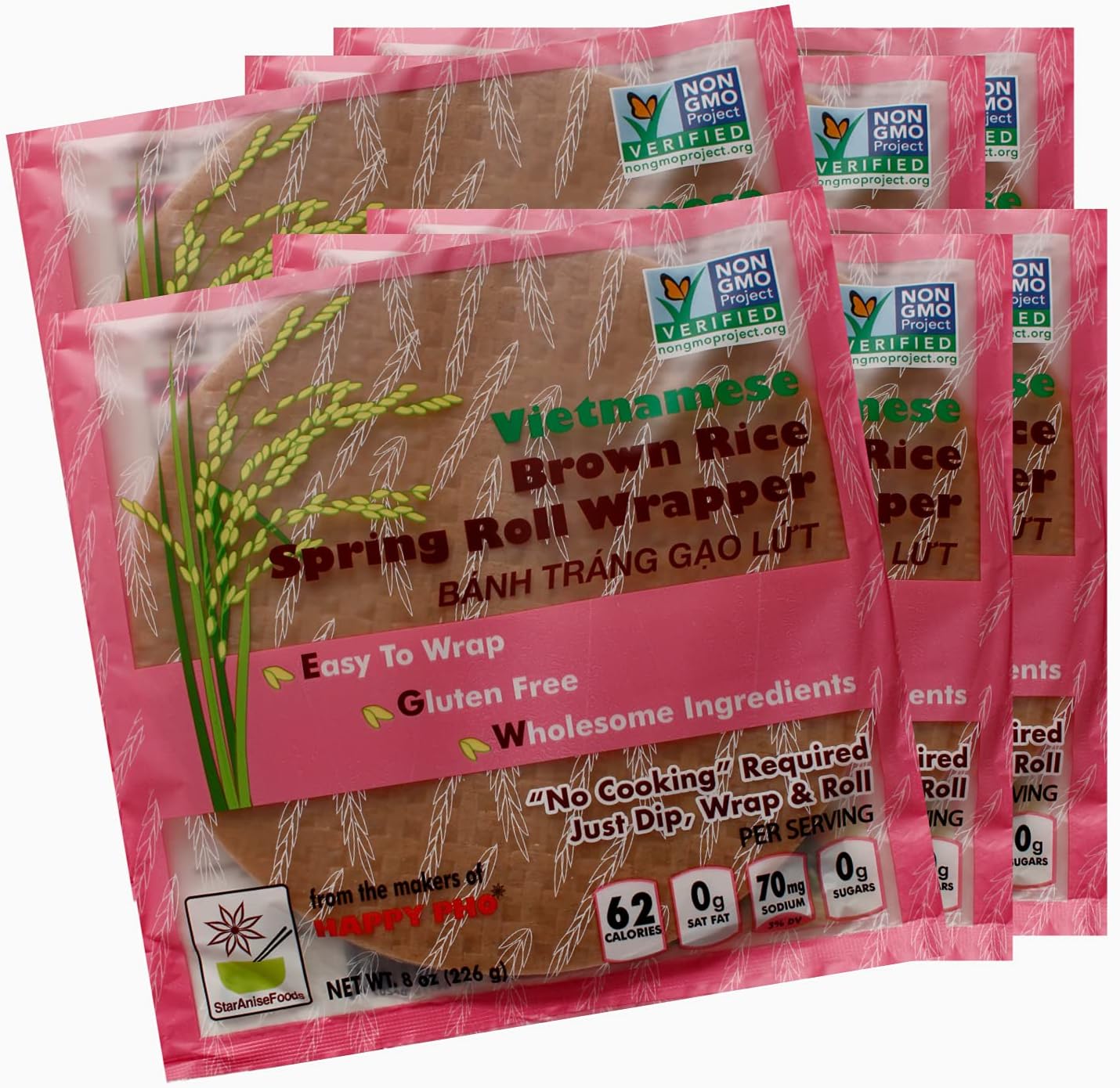Star Anise Foods Gluten Free Rice Paper Wrappers for Spring Rolls, Egg Roll Wrappers, Wonton Wrappers, 135 Wrappers / 48 Oz, 8 Oz. Per Bag, Pack of Six Bags