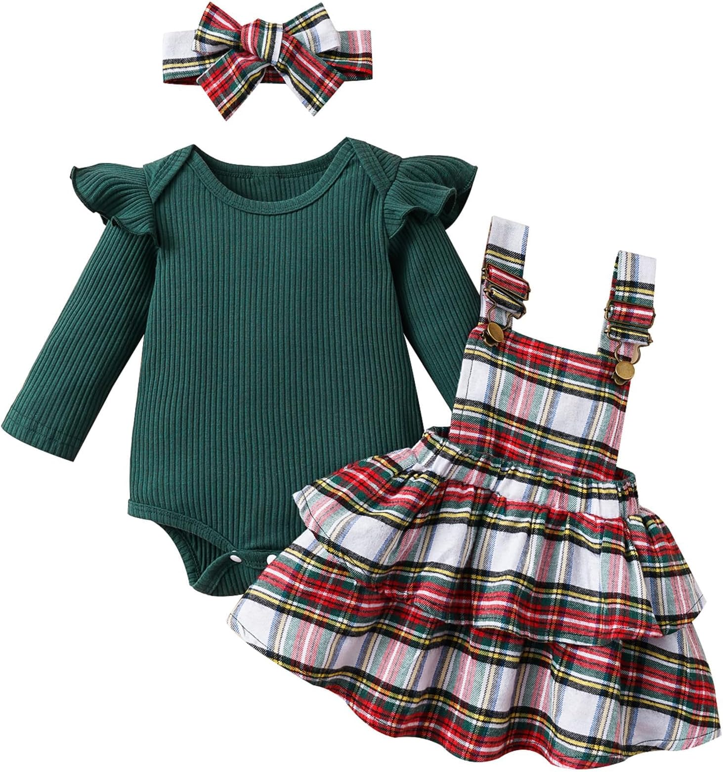 Baby Girl Christmas Clothes Plaid Outfits Long Sleeve Romper Overall Skirt Dress Cute Newborn Outfit