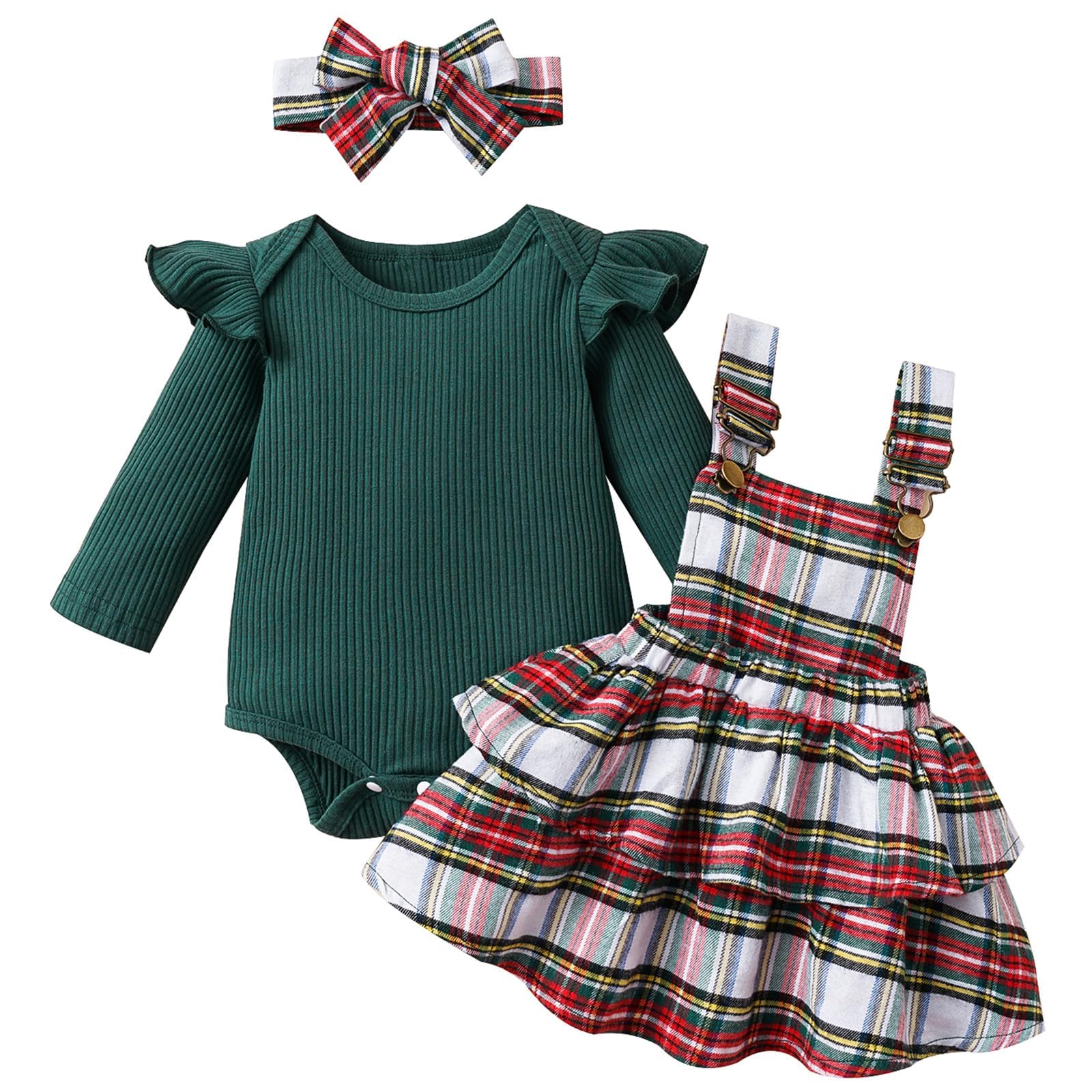 Baby Girl Christmas Clothes Plaid Outfits Long Sleeve Romper Overall Skirt Dress Cute Newborn Outfit