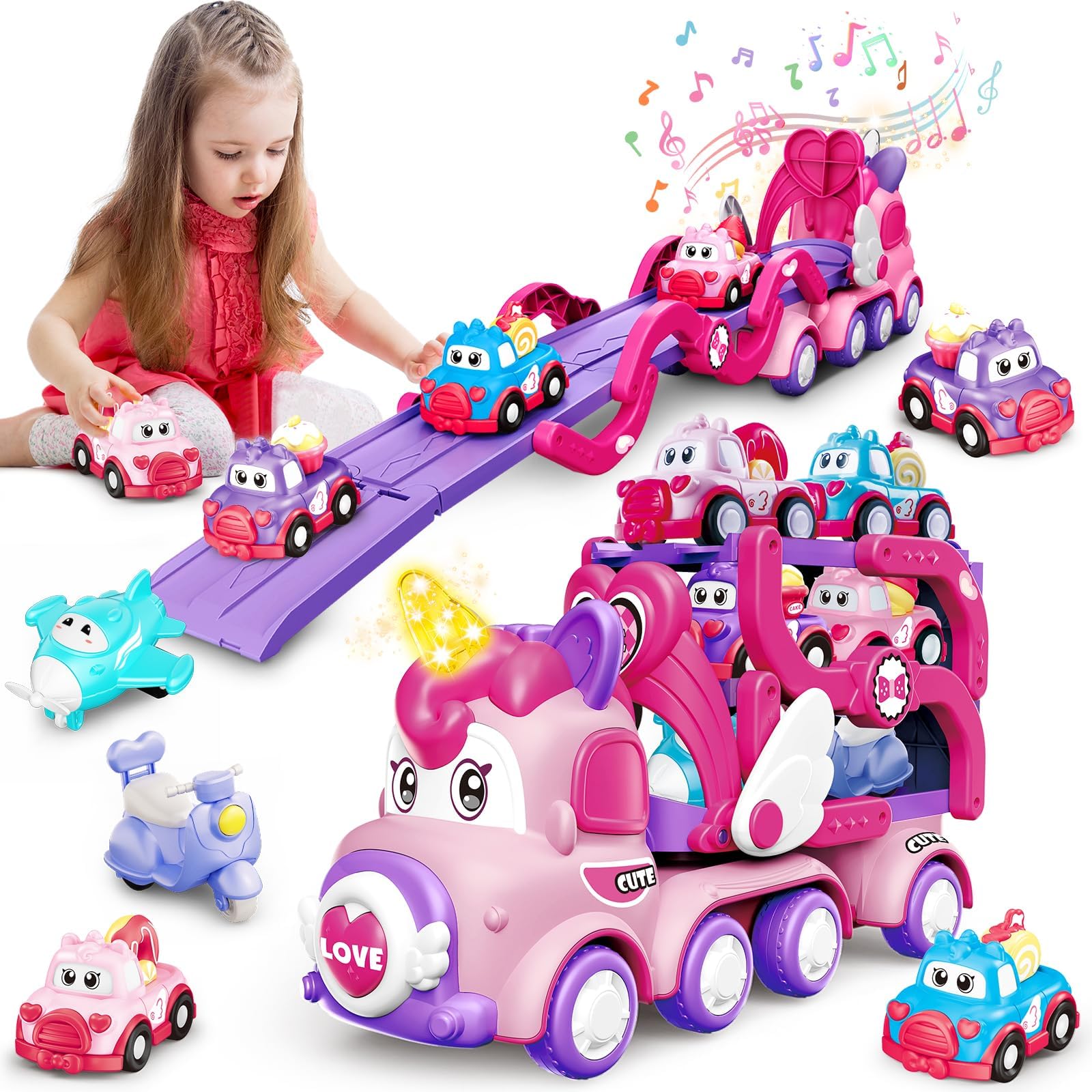 7 IN 1 Transport Truck Toys Cars for Girls, Foldable Carrier Truck for Toddlers with Sound & Light, Toy Transporter, Vehicles Toys Set for Kids, Gifts for Girls Ages 3 4 5 6