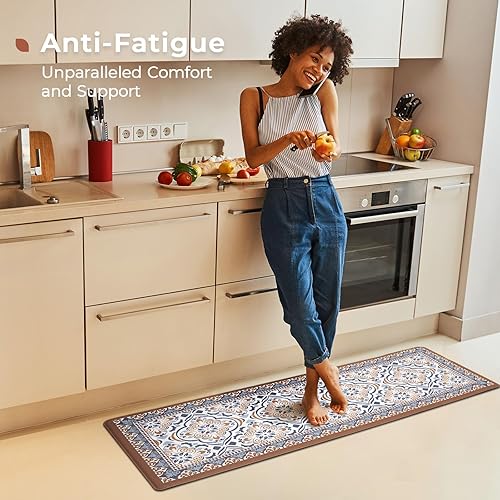 Miniatura 4 de FRESHMINT Tapetes Antifatiga para Cocina para Piso Juego de 2 Piezas, Impermeables y Antideslizantes con Diseño de Azulejos Marroquíes, Tapetes de