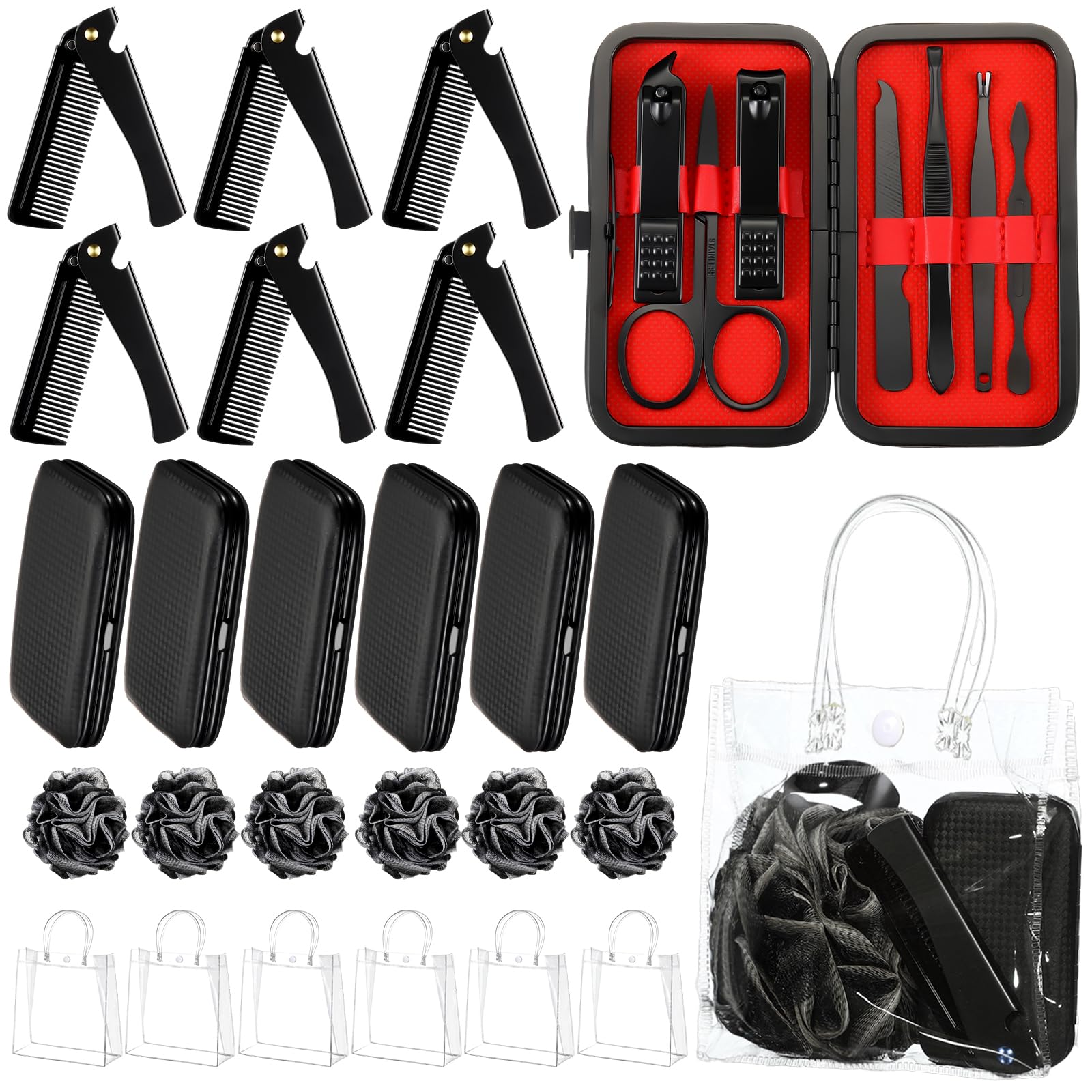 Leriton 6 Sets Baby Shower Game Gifts for Winners Men Proposal Groomsmen Gifts Include Manicure Set Tote Bag Beard Comb Black Bath Loofah Baby Shower