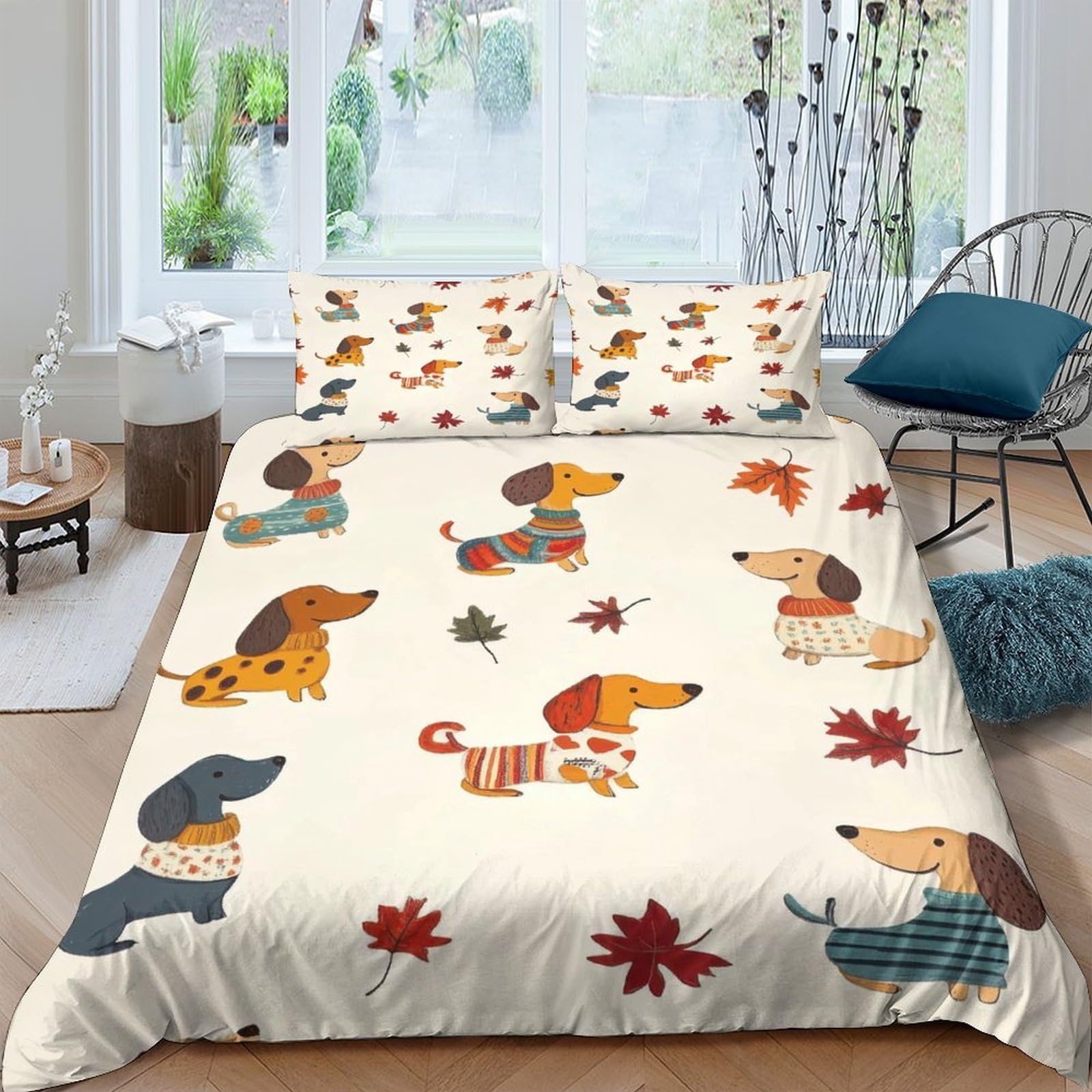 Ctjqhvkz Style-6 3D Printed Cartoon Dachshund Fitted Sheet Microfiber Soft Autumn Leaves Bed Cover For Bedroom Guest Room Decor Single（135X200cm）