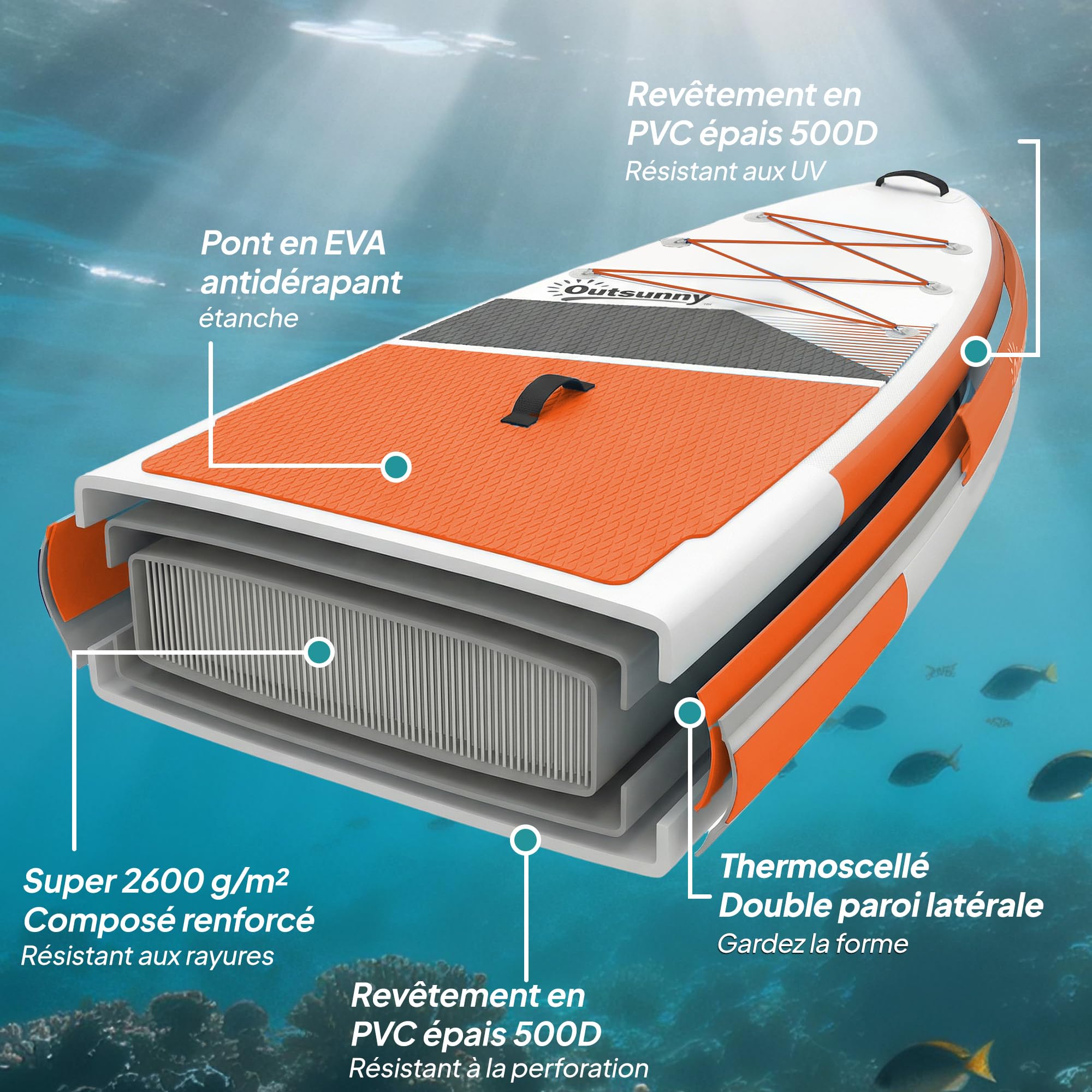 Outsunny Stand Up Paddle Gonflable 320x82cm - Planche de Sup Adulte Complet avec Pagaie Réglable, Pompe et Sac - Paddle Gonflable Stable 160kg pour Débutant et Famille, Orange et Gris