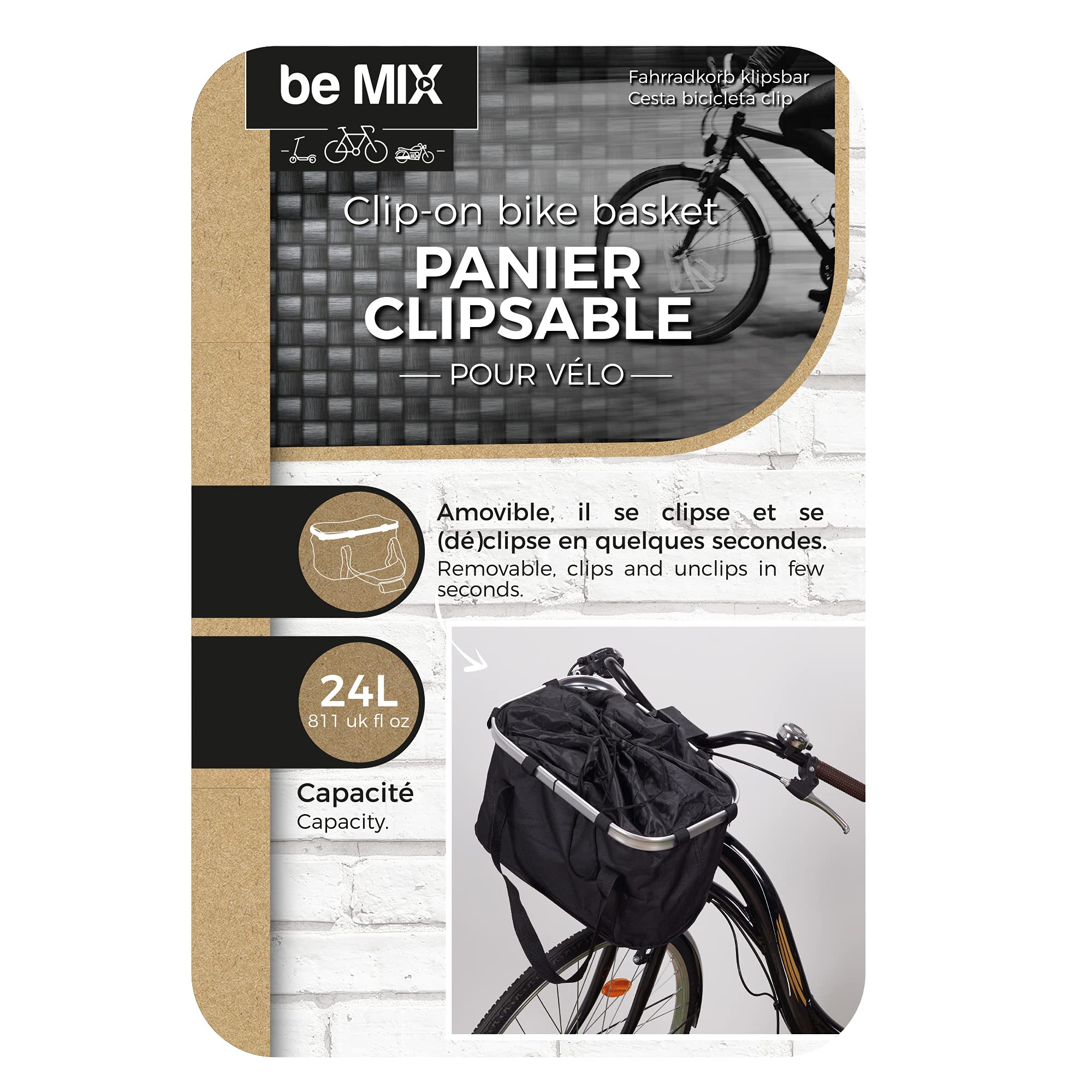Be Mix Panier de Vélo Clipsable en Polyester 24 L Noir | Polyester, clipsable, contenance 24 L, fixation vélo, loisir voyage sport, transport d'affaires, pratique, noir