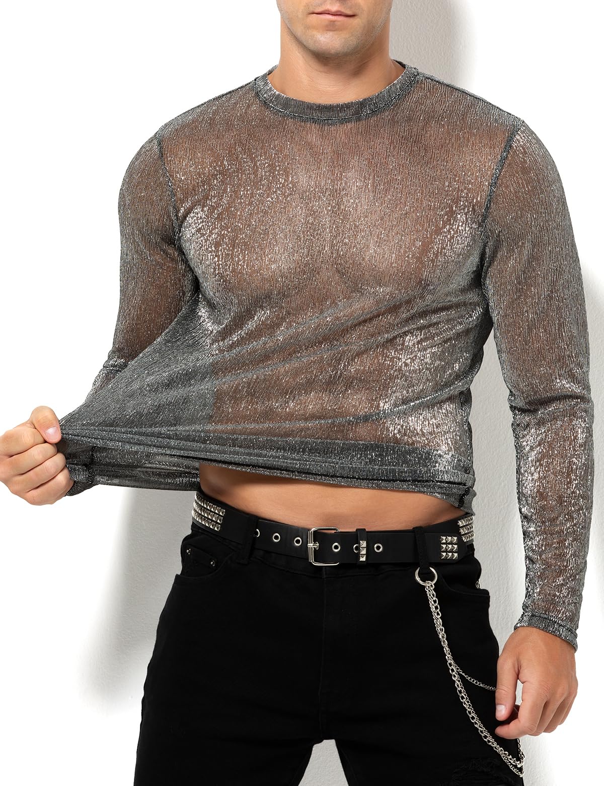 Casey Kevin Camiseta Transparentes Manga Larga Hombre Brillo Lentejuelas Rejilla Camisa Fiesta Plateada Brillante Ropa Sexy Top Fiesta Discoteca Punk Nocturno Jazz Rock Hip Hop Dance Clubwear