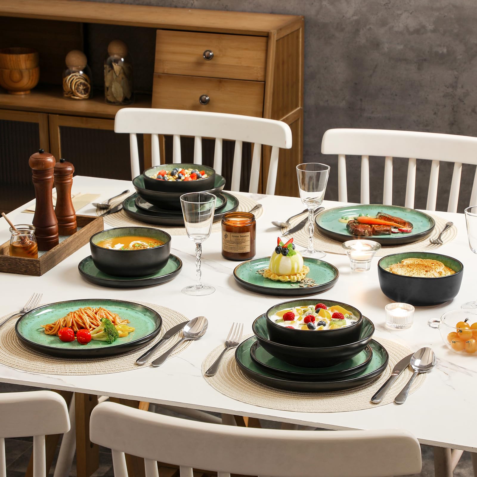 vancasso AMBER Service Vaisselle 6 Personnes, Ensemble Assiettes de Table 24 Pièces en Grès - Assiettes Plates, Assiettes à Dessert, Bols à Pâtes et Bols - Adapté au Micro-Ondes - Glaçure Vert