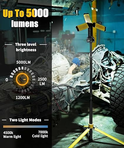 Miniatura 2 de Luz de trabajo LED  Luz de trabajo recargable de 5000 lúmenes con soporte trípode de 67 pulgadas, luz mecánica con diseño plegable de rotación de