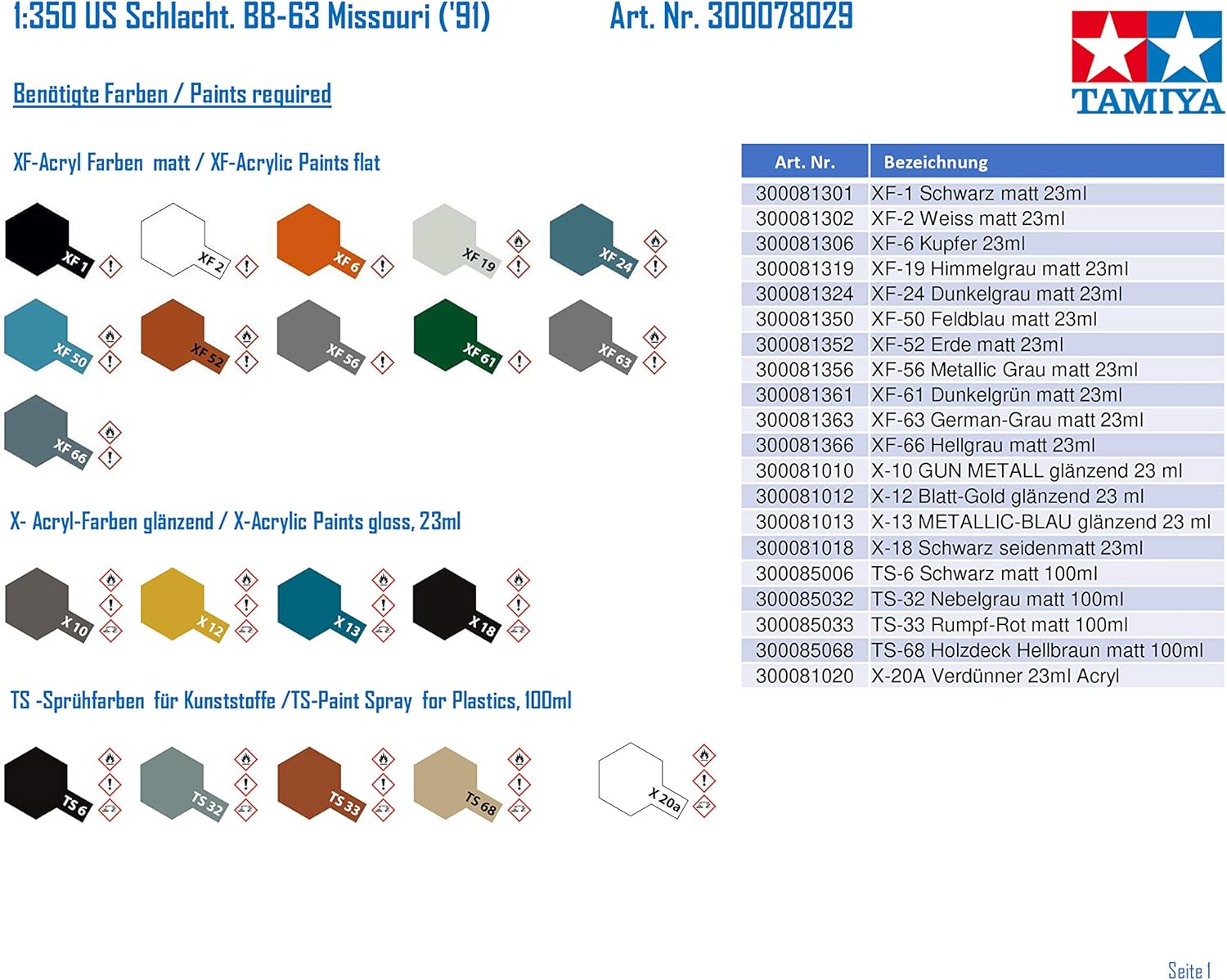 Tamiya paint chart showing various XF, X, and TS series paints with their corresponding colors and article numbers.
