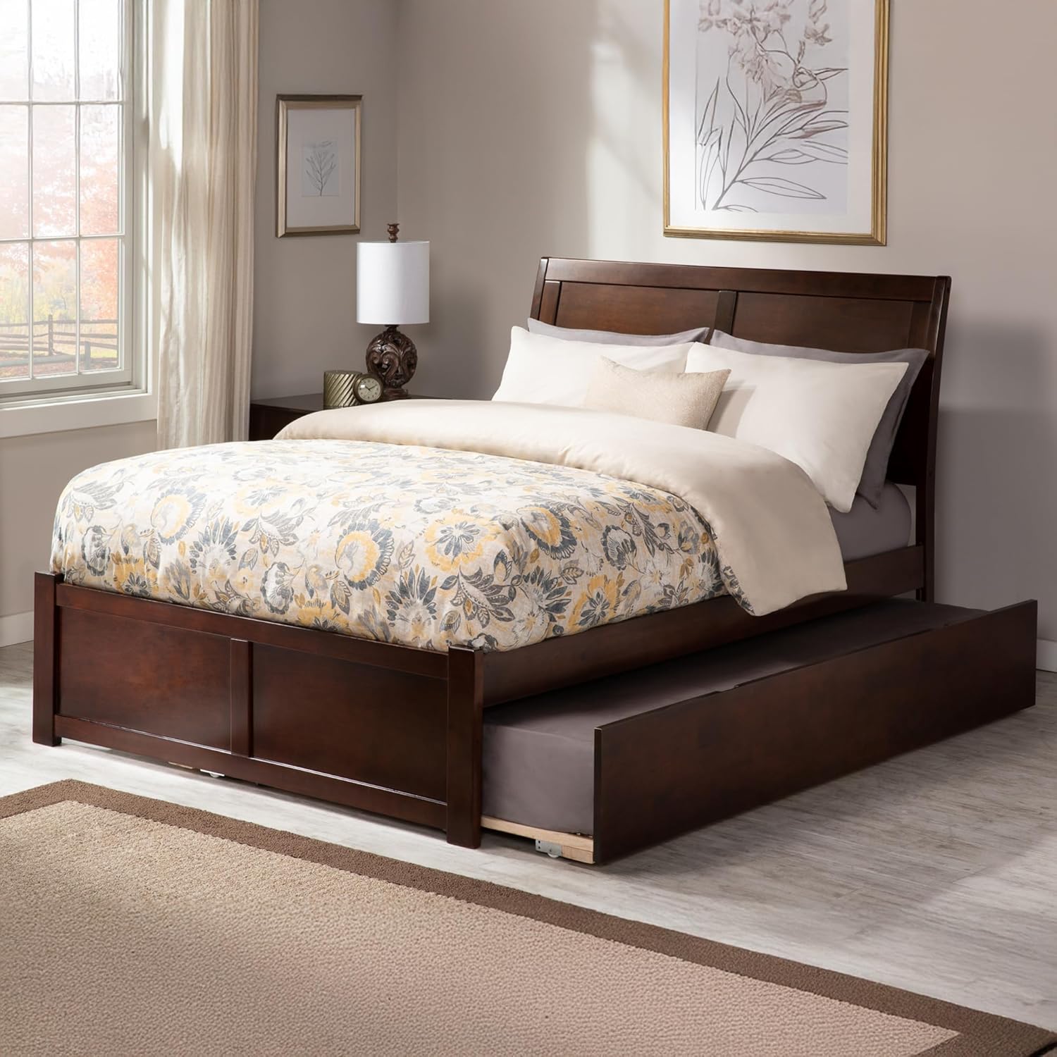 AFI Portland Queen Size Platform Bed with Footboard & Twin XL Trundle in Walnut