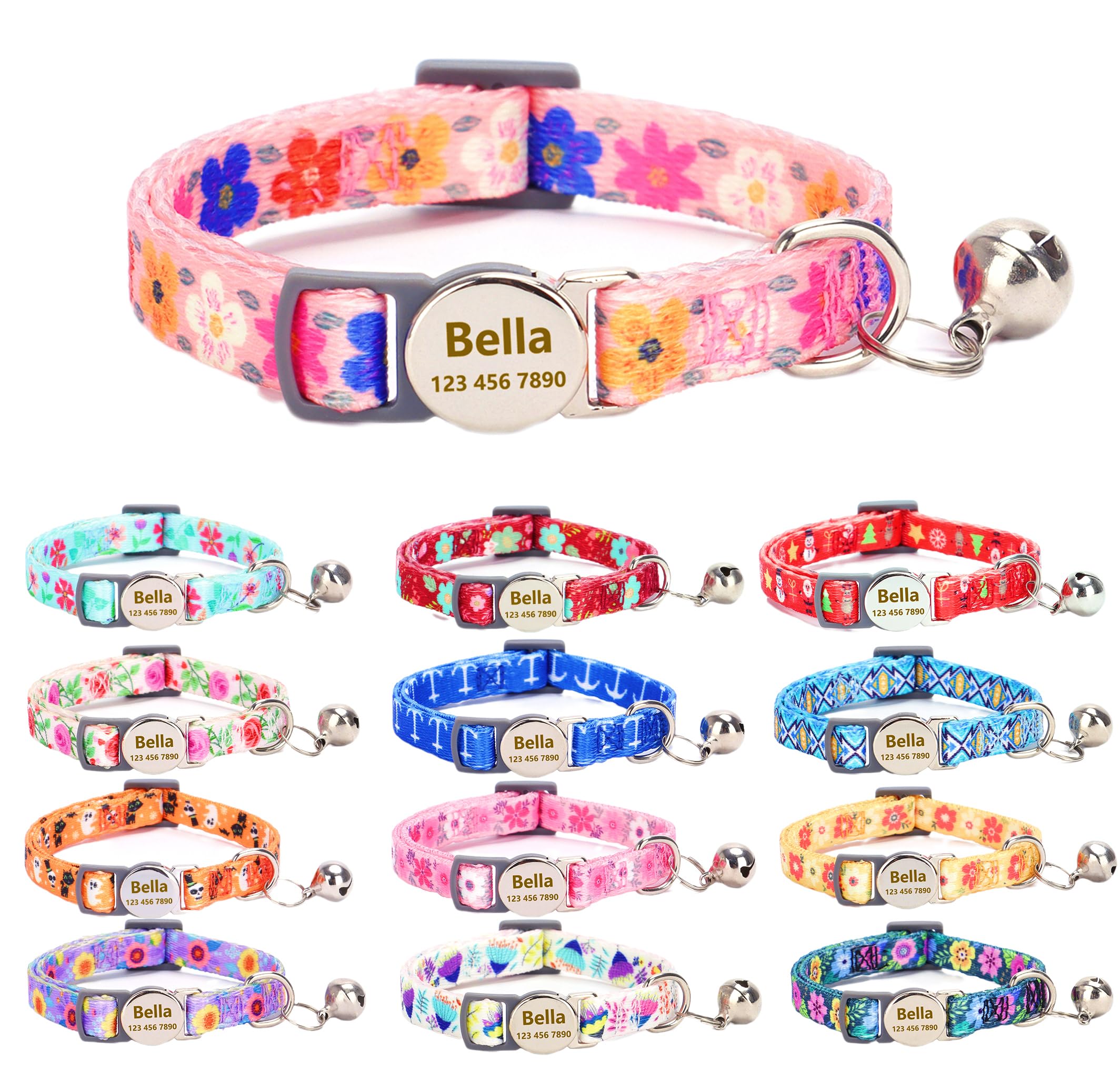 Moonpet Custom Personalized Breakaway Kitten Cat Collar with ID Name Phone Number Tag Plate/Customized Engraved Floral Pattern Boy Girl Cat Kitten Collar with Bell-Sakura