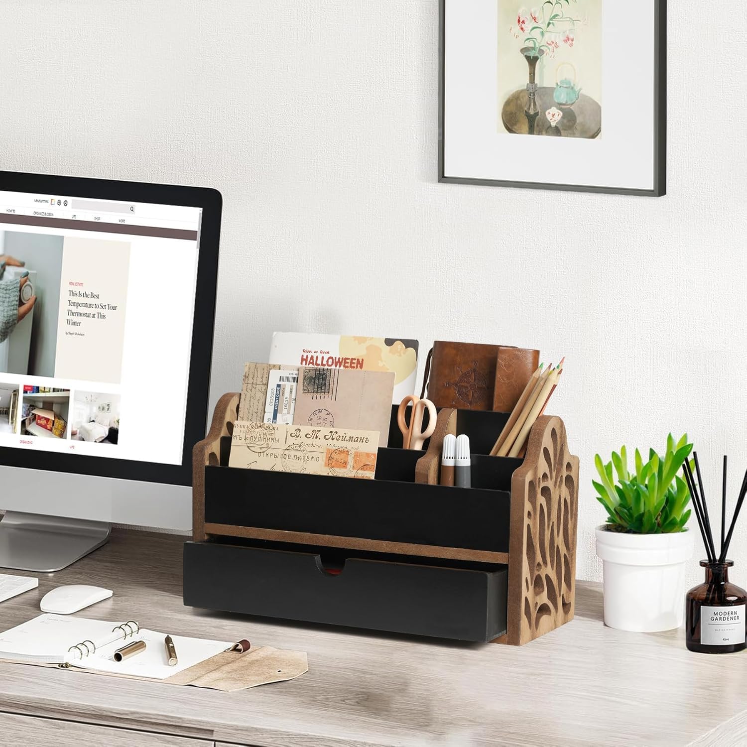 Desk Organizer with Drawer Wood File Office Mail Organizer Countertop-5 Slot Tabletop Storage Pen Organizer Letter Holder for School Home Office Supplies