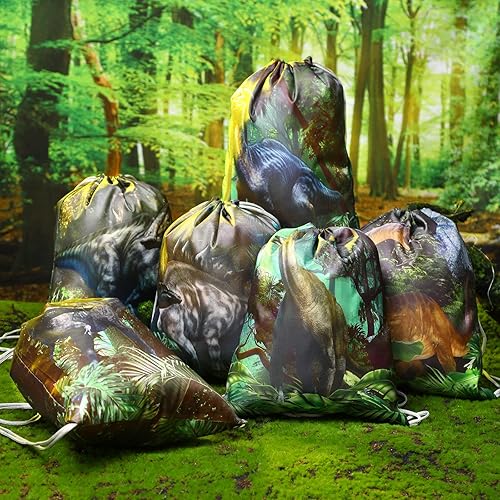 Miniatura 4 de 12 bolsas de recuerdo de fiesta de dinosaurio, bolsa de regalo con cordón de dinosaurio, suministros de fiesta de cumpleaños, bolsas de regalos de