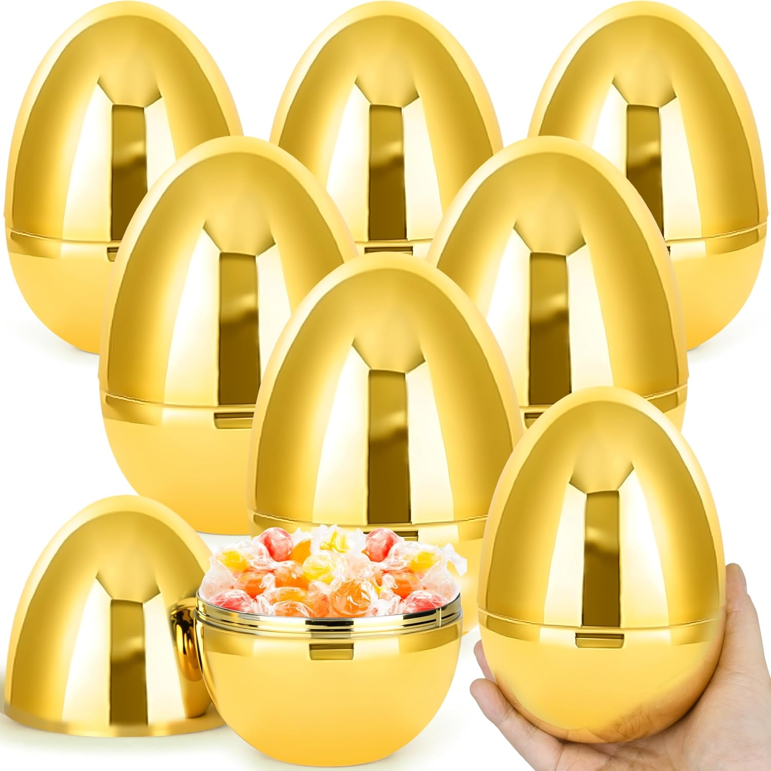 Octeric 12 Pcs 6" Jumbo Golden Easter Eggs, Fillable Shiny Metallic Plastic Eggs for Filling Treats Toys Gift Baskets Filler Stuffers, Easter Hunt Decor, Party Favor, Classroom Prize Supplies