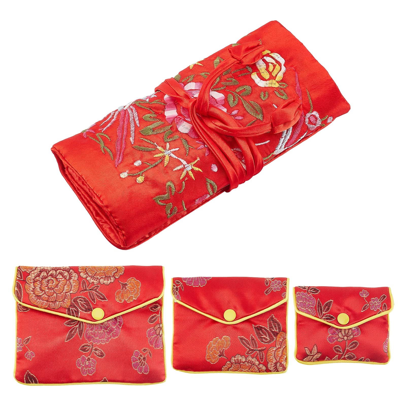 AHANDMAKER 4 Pcs Jewelry Silk Purse Pouchs, 4 Styles Vintage Flower Embroidery Damask Cloth Roll Chinese Style Brocade Organizer with Snap Button and Zipper Small Gift Bags for Travel Storage Jewelry