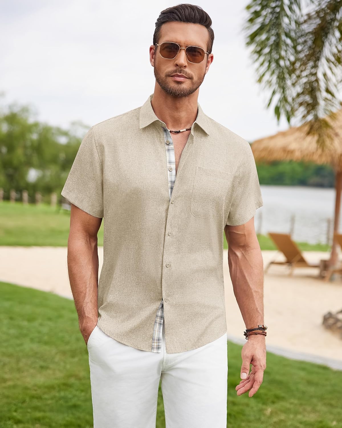 DEMEANOR Mens Linen Shirts Short Sleeve Wrinkle Free Untucked Shirt Casual Summer Beach Wedding Button Down Top with Pocket - Image 2