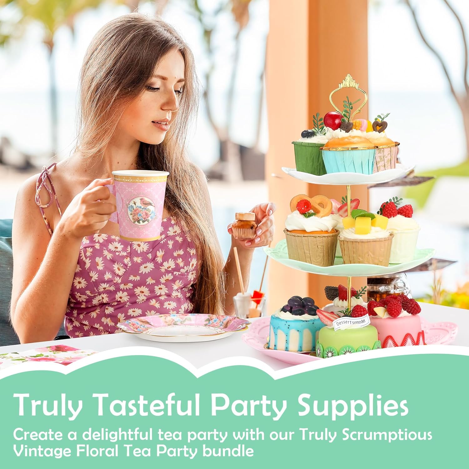 Layhit 83 Pcs Floral Tea Party Set for Girls Disposable Vintage Tableware with 3-Tier Cake Stand, 12 Serves Paper Cups and Saucers, Plates, Napkins, Cutlery for Birthday, Baby Shower(Vivid)