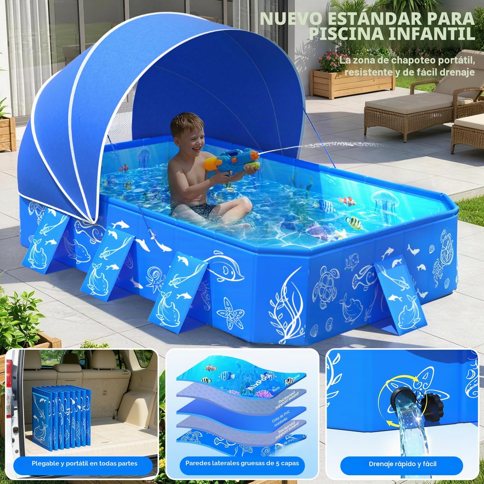 KingSom Piscina Rectangular para Niños con Toldo Solar, Piscina para Niños Plegable, Piscina Desmontable para Bebés, Anti-UV, Fácil de Guardar, Piscina Familiar para Jardín o Playa, 135 x 102 x 31 cm