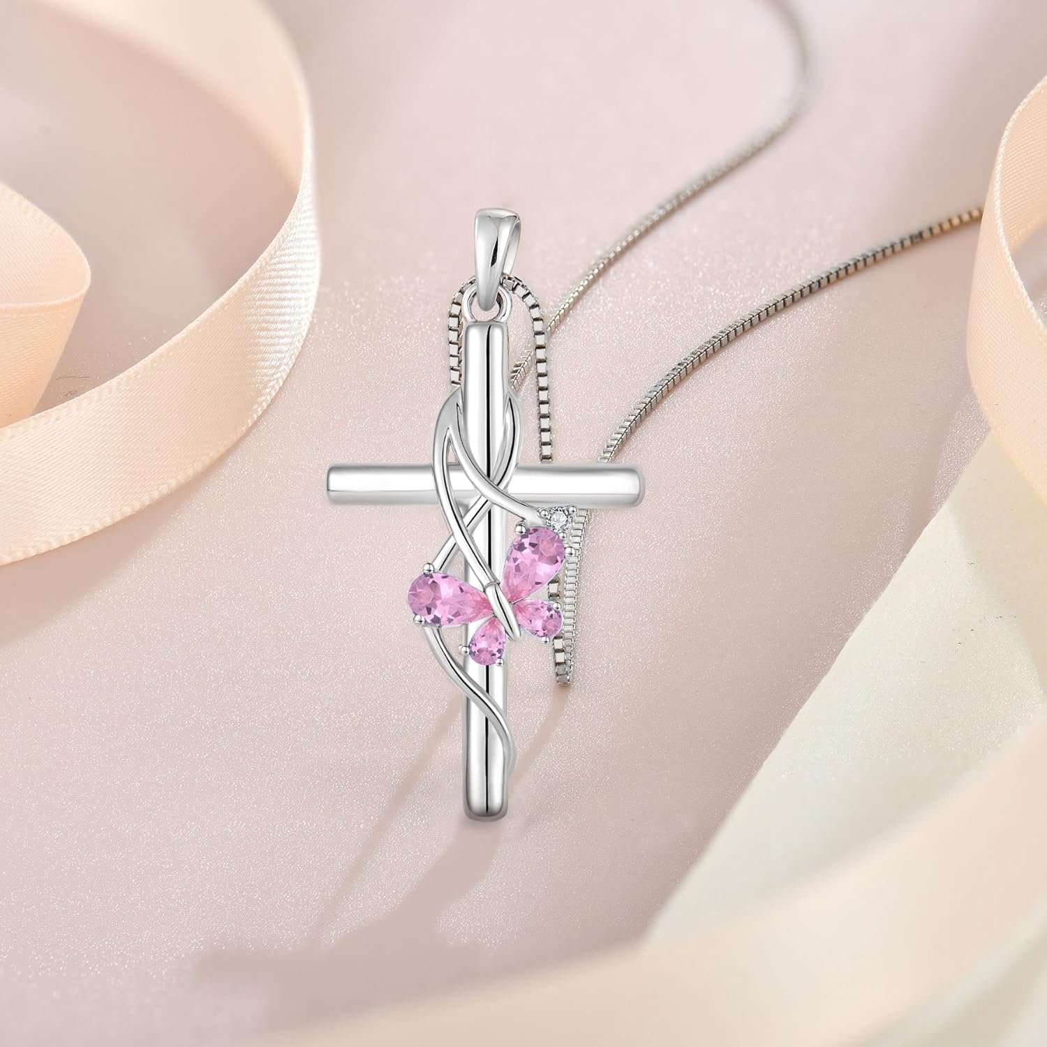 Butterfly Cross Necklace, 925 Sterling Silver Crucifix Pendant Birthstone Created Gemstone Jewelry Gifts for Women - Image 3