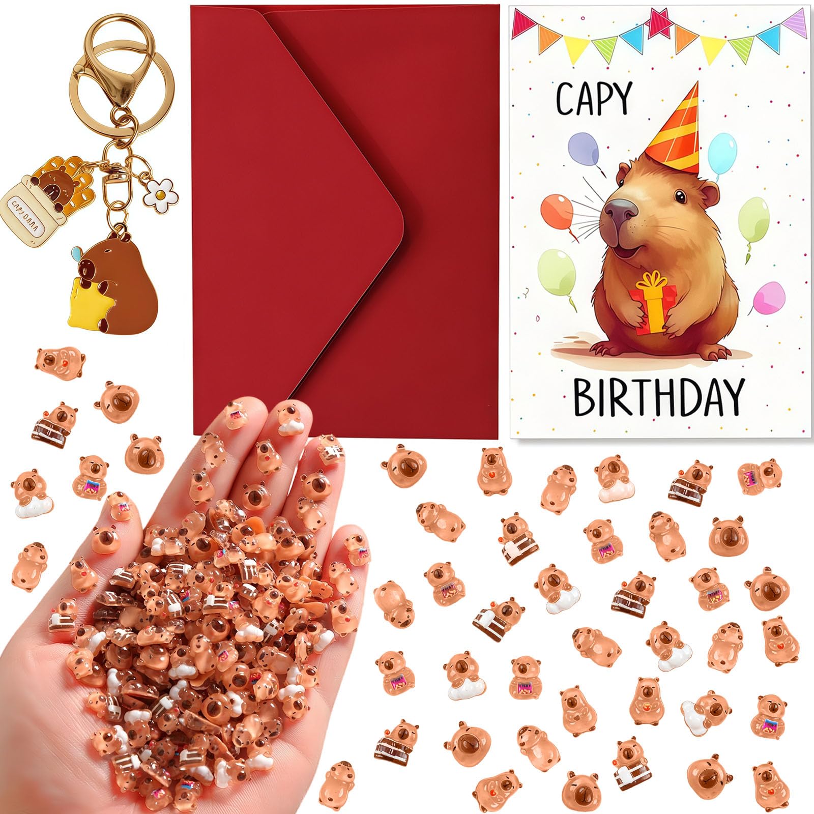 53 PCS Capybara Birthday Card Mini Resin Capybaras Birthday Card and Keyring Set, Resin Animals Capybara Gifts for Girls, Cute Birthdays Cards with Envelope Capybaras Birthdays Decorations for Family