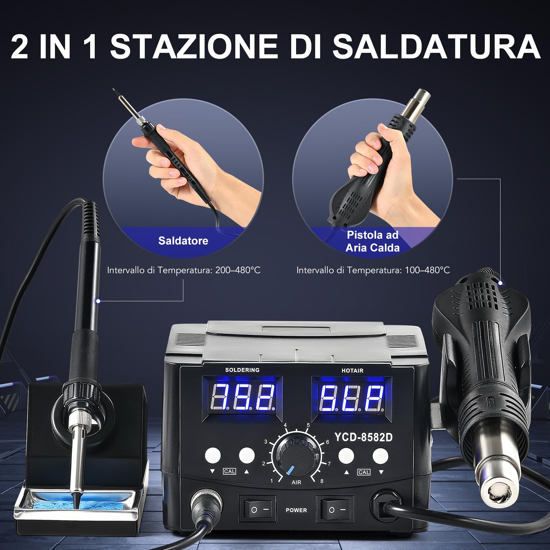 CREWORKS 750W Stazione Saldante Digitale 2 in 1 SMD con Schermi LED Saldatura ad Aria Calda