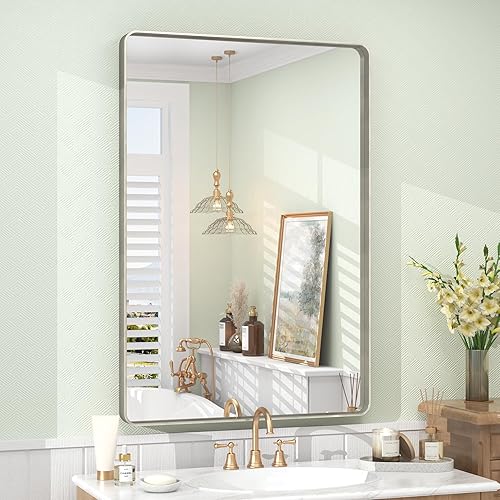 Espejo de baño de plata cepillada, espejo rectangular de tocador con marco de metal de 24 x 36 pulgadas para pared, esquinas redondeadas,