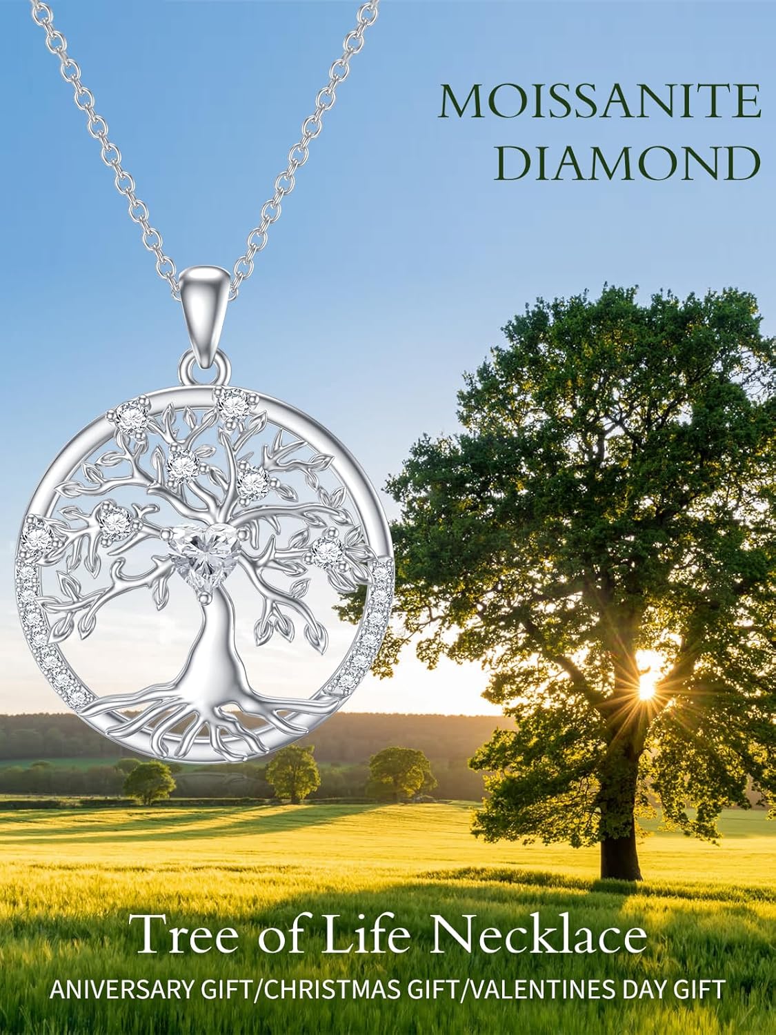 1CT Heart-cut Moissanite Tree of Life Necklace for Women, 18K Gold Plated Sterling Silver Moissanite Diamond Tree of Life Mom Mother 1/2 Child Necklace Christmas Gifts for Mom Her Grandma Wife,18+2 Inch - Image 2