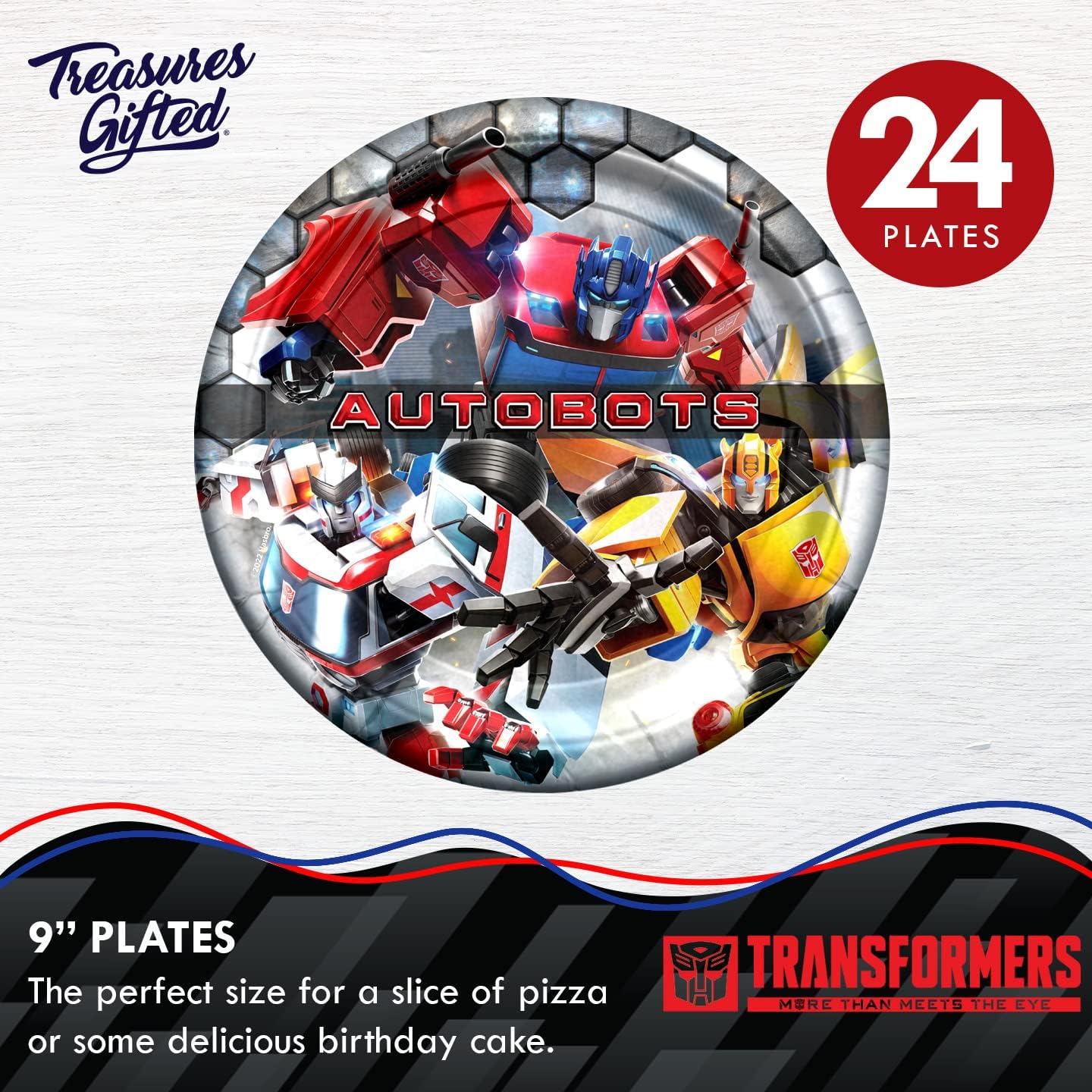 Treasures Gifted Officially Licensed Transformers Birthday Party Supplies - 24ct 9in Autobots Party Plates - Transformers Birthday Decorations - Disposable Paper Plates