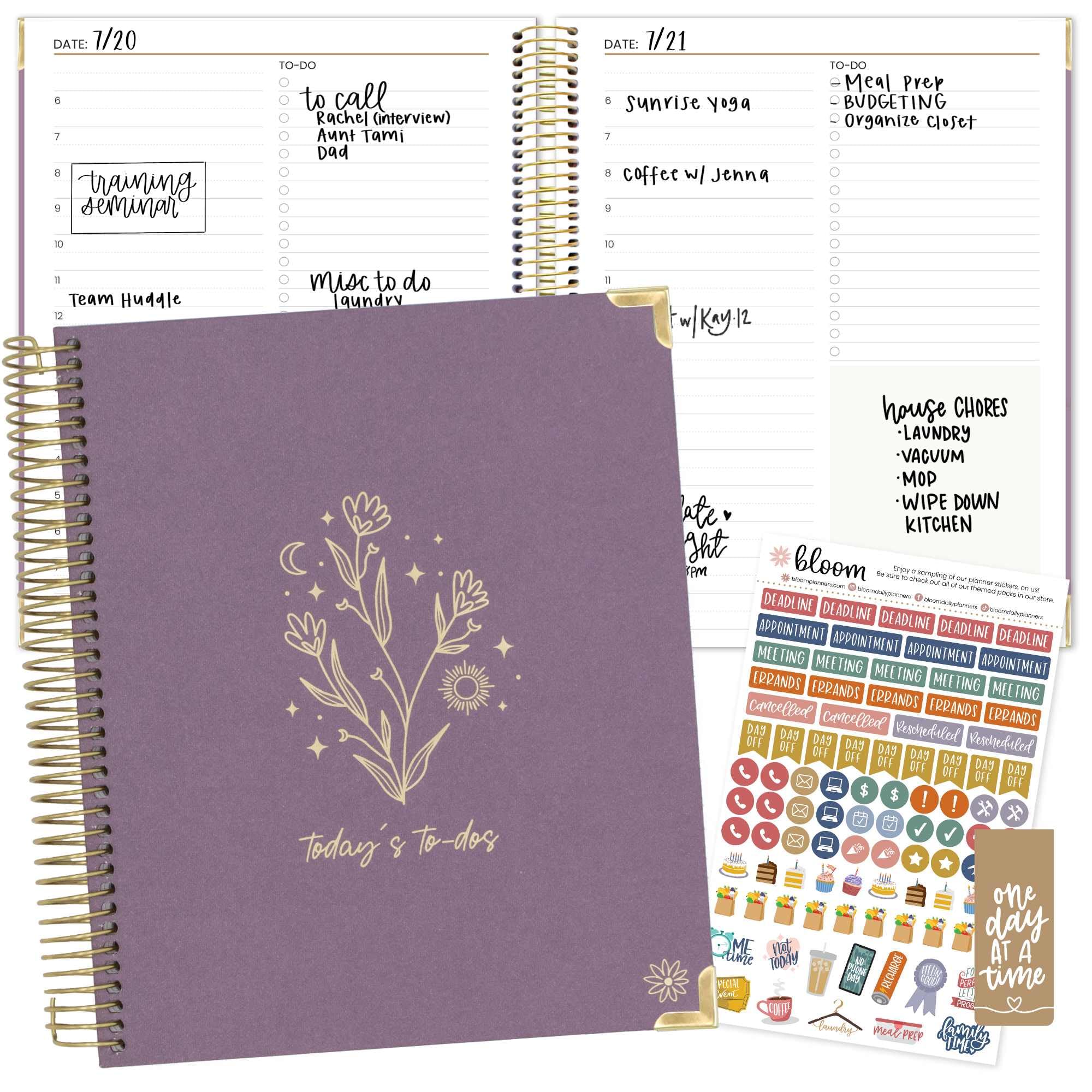 bloom daily planners Undated To-Do List Planner with Hourly Timed Schedule for Appointments - 185 Daily Pages (Half Year) - Hard Cover Page A Day Agenda (7 x 9) - Purple Linen