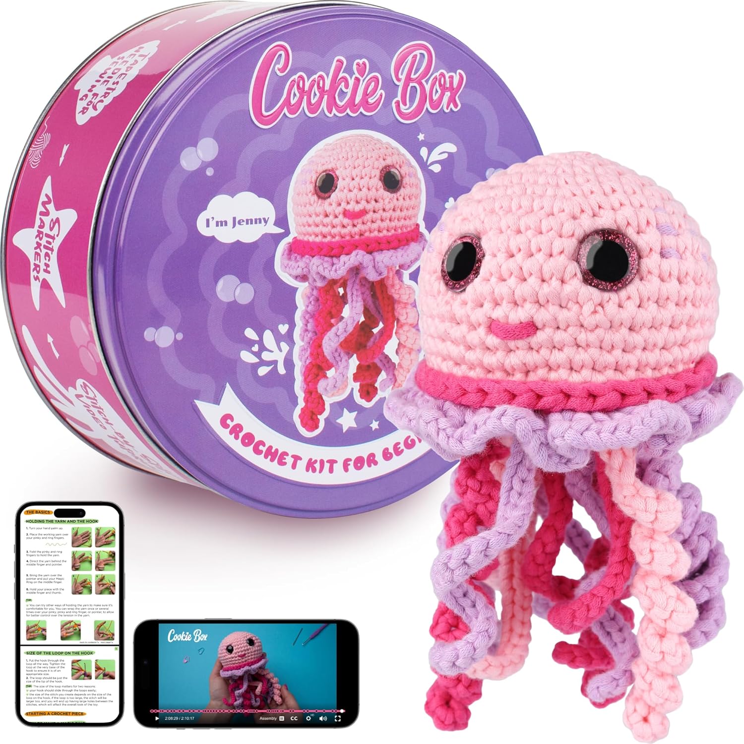 Cookie Box Crochet Kit for Beginners - Learn to Craft Amigurumi Stuffed Animals - Knitting Gift for Kids (13+) and Adults - Beginner-Friendly Yarn - Stitch-by-Stitch Video Tutorial - Jellyfish Jenny