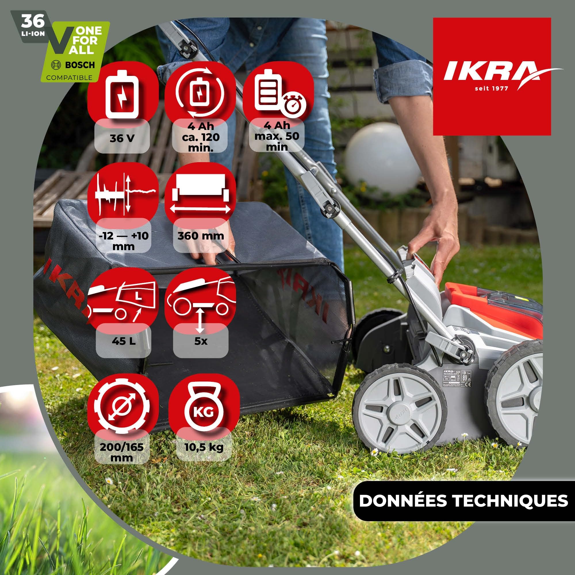 IKRA scarificateur-aérateur IB-SR 36, sans batterie 36 V ni chargeur | Compatible avec Bosch, bac de ramassage 45 l, largeur 36 cm, hauteur de coupe de -12 à +10 mm, poignée réglable en hauteur