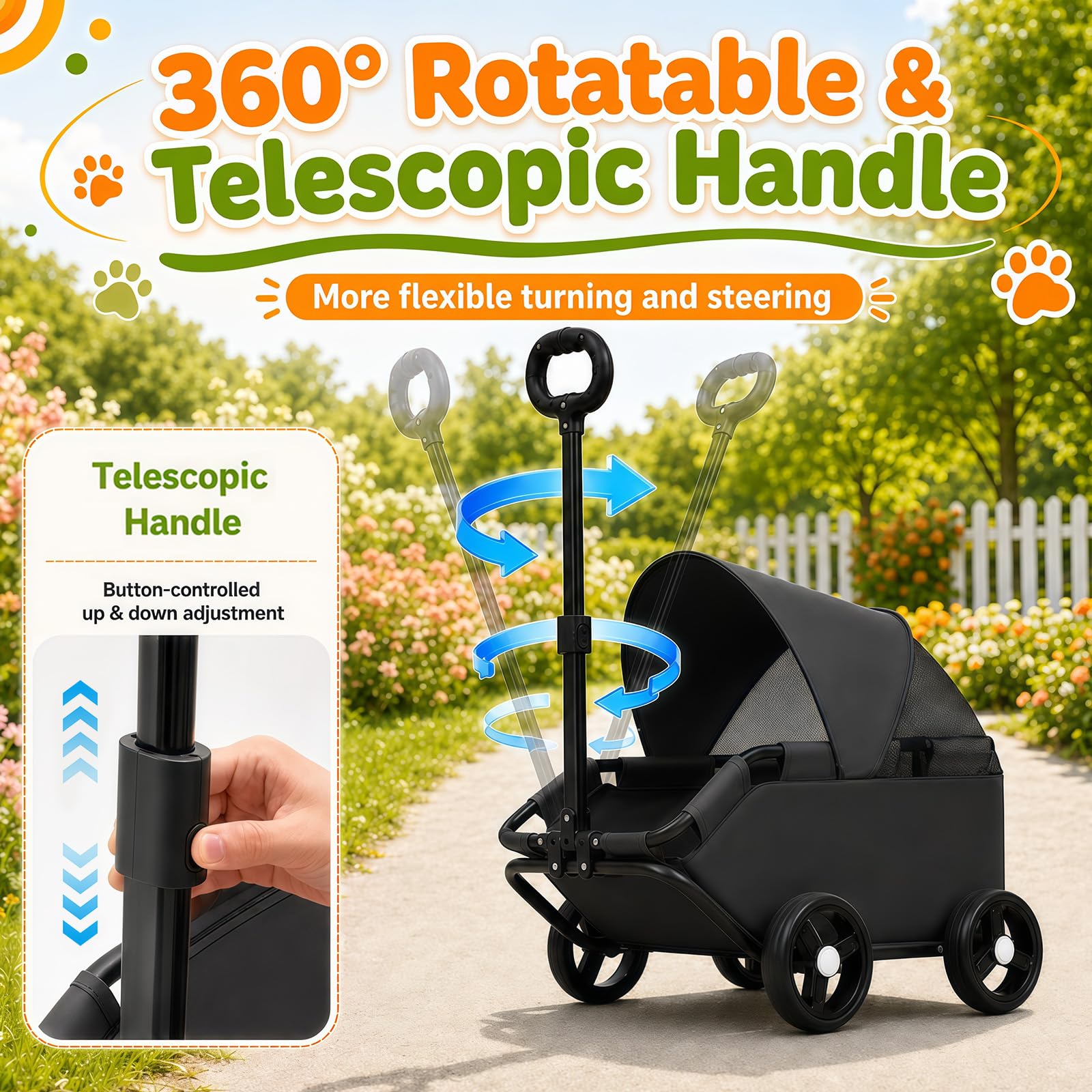 Mini Hundewagen, Hundebuggy für Kleine Hunde bis 7 kg, Faltbare Multifunktionaler Haustierwagen mit 360° Drehbarer Teleskopgriff, Sonnendach, Kinderwagen für Kleine Haustiere