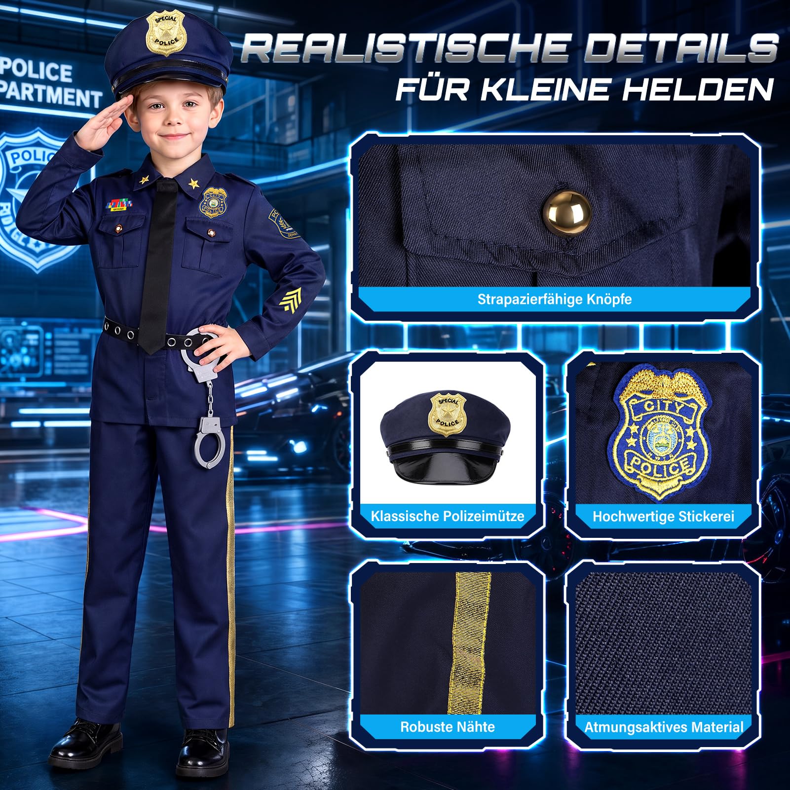 Joycover Polizei Kostüm Kinder mit 11 Stück Polizei Ausrüstung Spielzeug