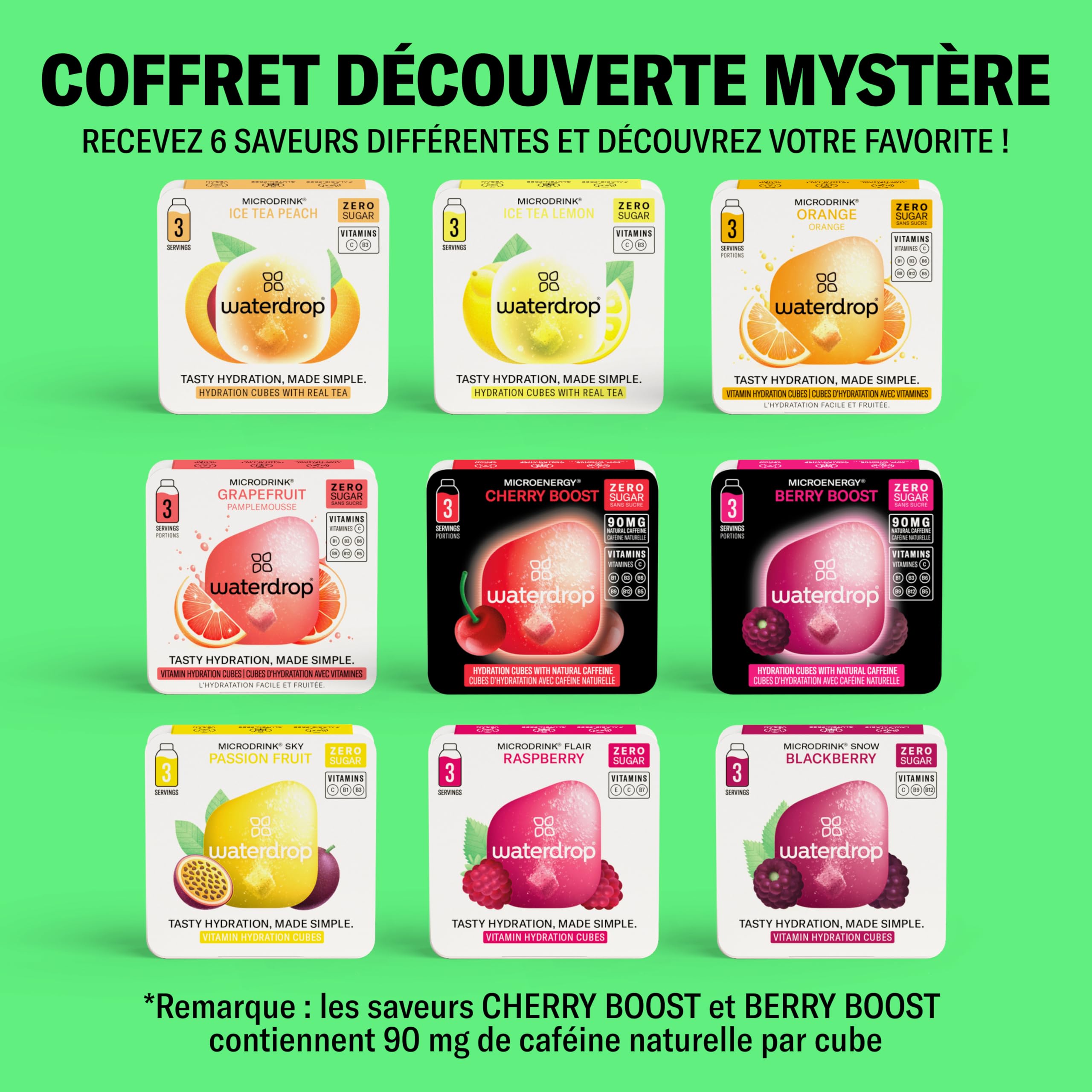 waterdrop® Coffret Dégustation Verre - Bouteille en Verre 600ml + 18 Cubes à Boire en 6 Saveurs, Boisson en Cube avec Vitamine C & Vitamine B, Sans Sucre, Gourde d'Eau, Coffret Cadeau Femme & Homme