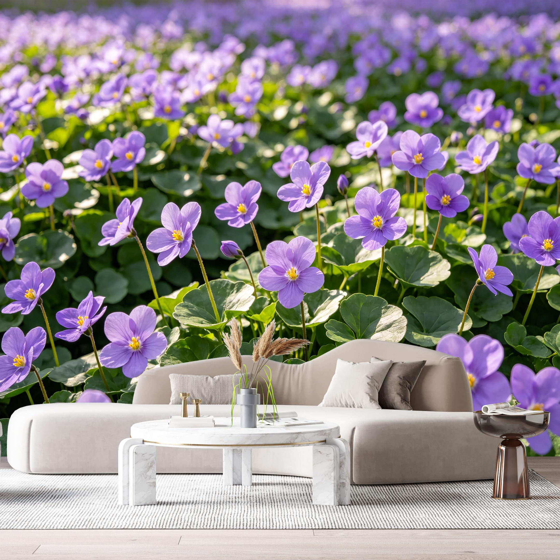 Custom Size Wall Murals Botanical Purple Flower Field Watercolor Blooming Violets Green Leaves SelfAdhesive Wall Fabric Removable Large Wallpaper for Photo Living Room