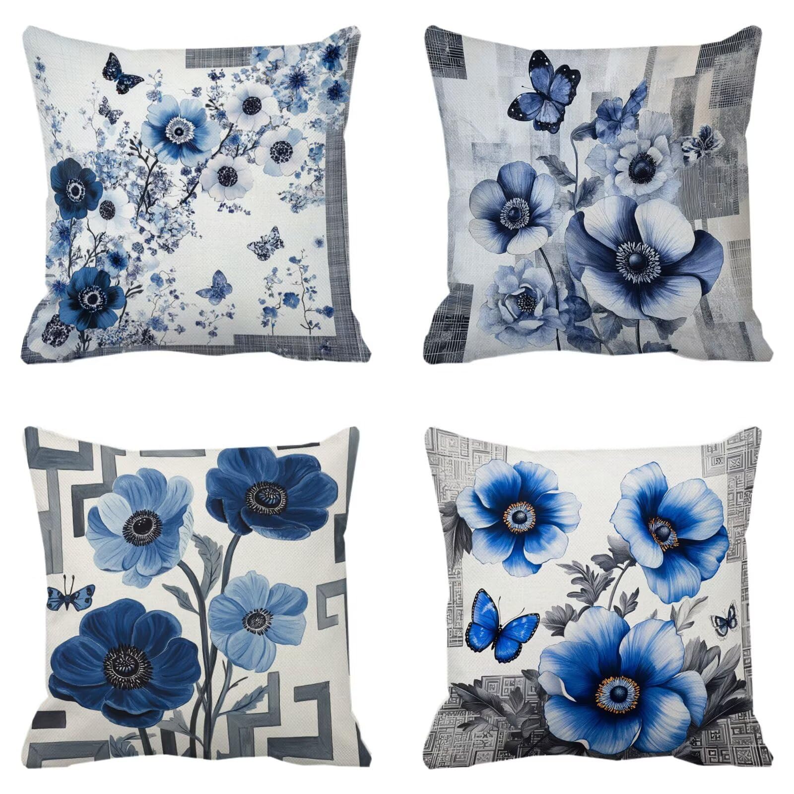 Taie oreiller housse coussin lin bleu fleurs coussins canapé extérieur