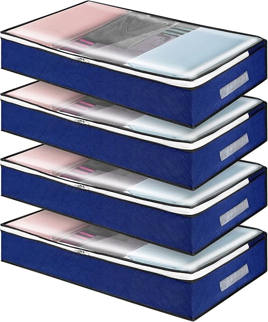 4 Pack Under Bed Storage Box With Lid, Large Under The Bed Clothes Bags Organiser Boxes Containers Bins with Zips for Duvet Blankets Bedding Comforter (blue, large)