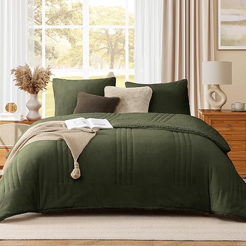 Miniatura 9 de Monbix Juego de edredón mullido tamaño matrimonial, color azul y gris, edredón mullido de felpa Sherpa de 3 piezas para cama de tamaño matrimonial,