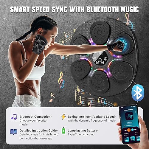 Miniatura 5 de Music Boxing Machine for Adults & Kids, Bluetooth Smart Boxing Wall Machine with Gloves(2 Pairs), 9 Modes, 6 Speeds & 3 Sensitivity, Electric Light