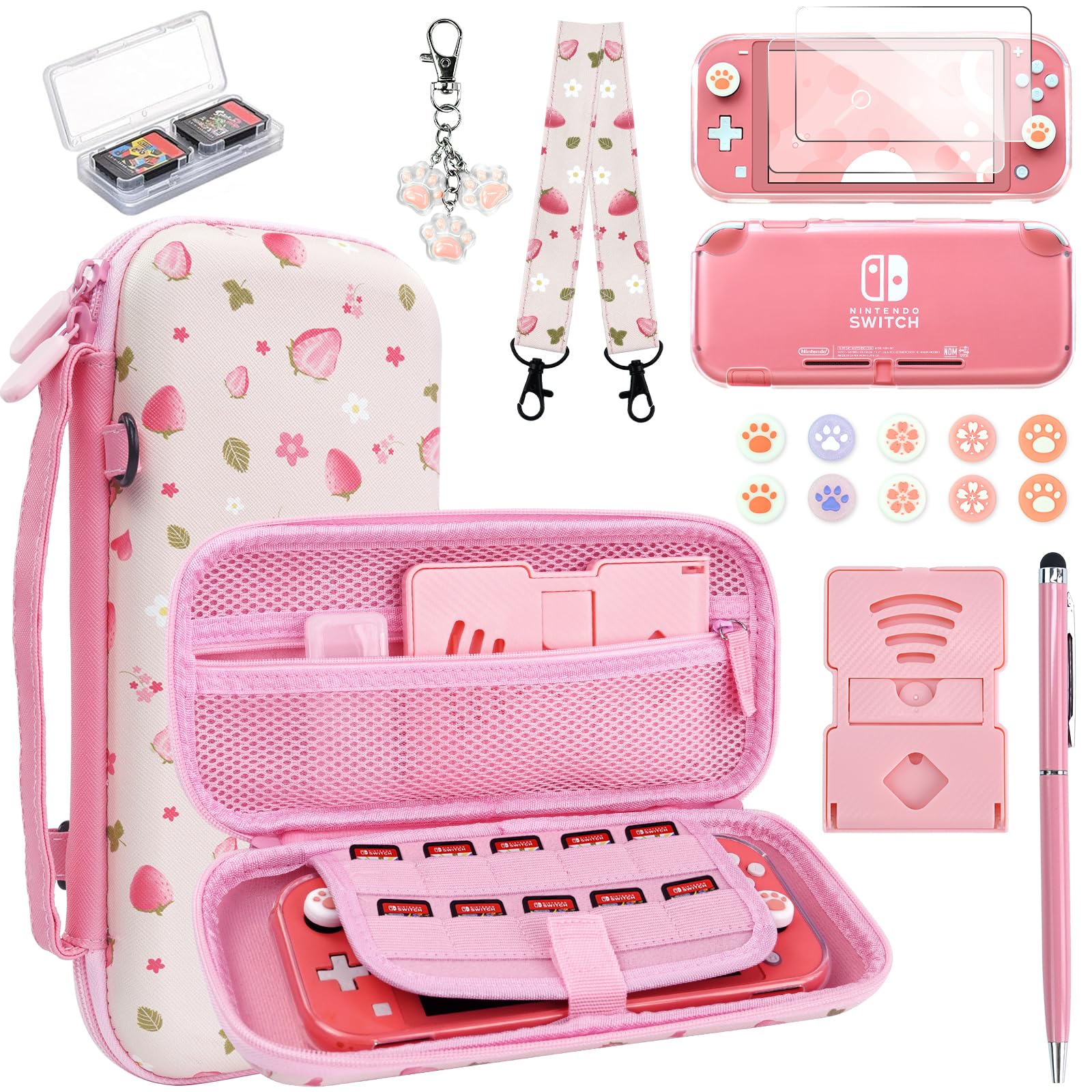 Switch Lite Case Protective Case 19 in 1 for Nintendo Switch Lite Accessories Bundle with Switch Lite Screen Protector Cover, Switch Lite Carrying Case, Thumb Grips, Stand, Clear Case, for Girls, Pink