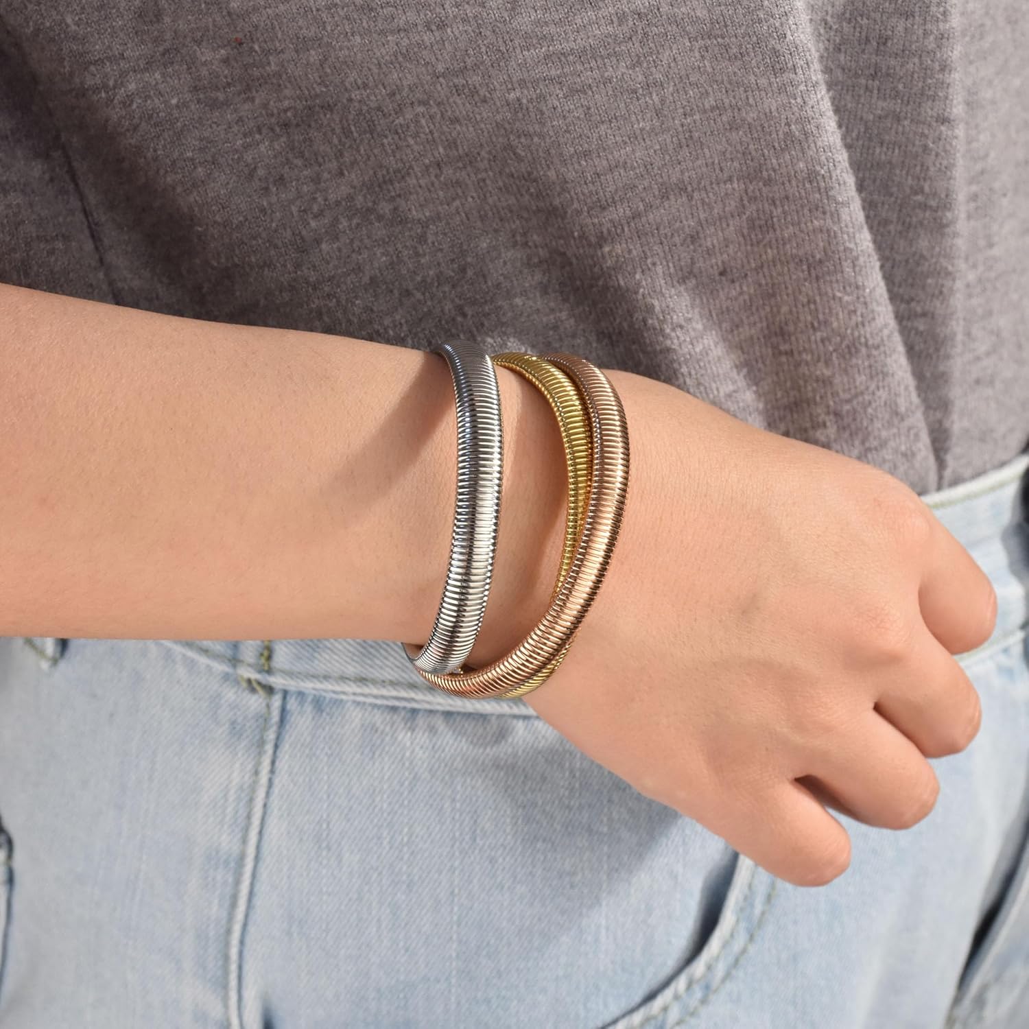 Omega Snake Cobra Wide Bangle Twisted Bracelet Bands Set Interlocking Flexible Stretch Bracelets for Women Silver Gunmetal Rose Yellow Gold Plated Stainless Steel Fits 8 to 8.5 inches Wrist - Image 4