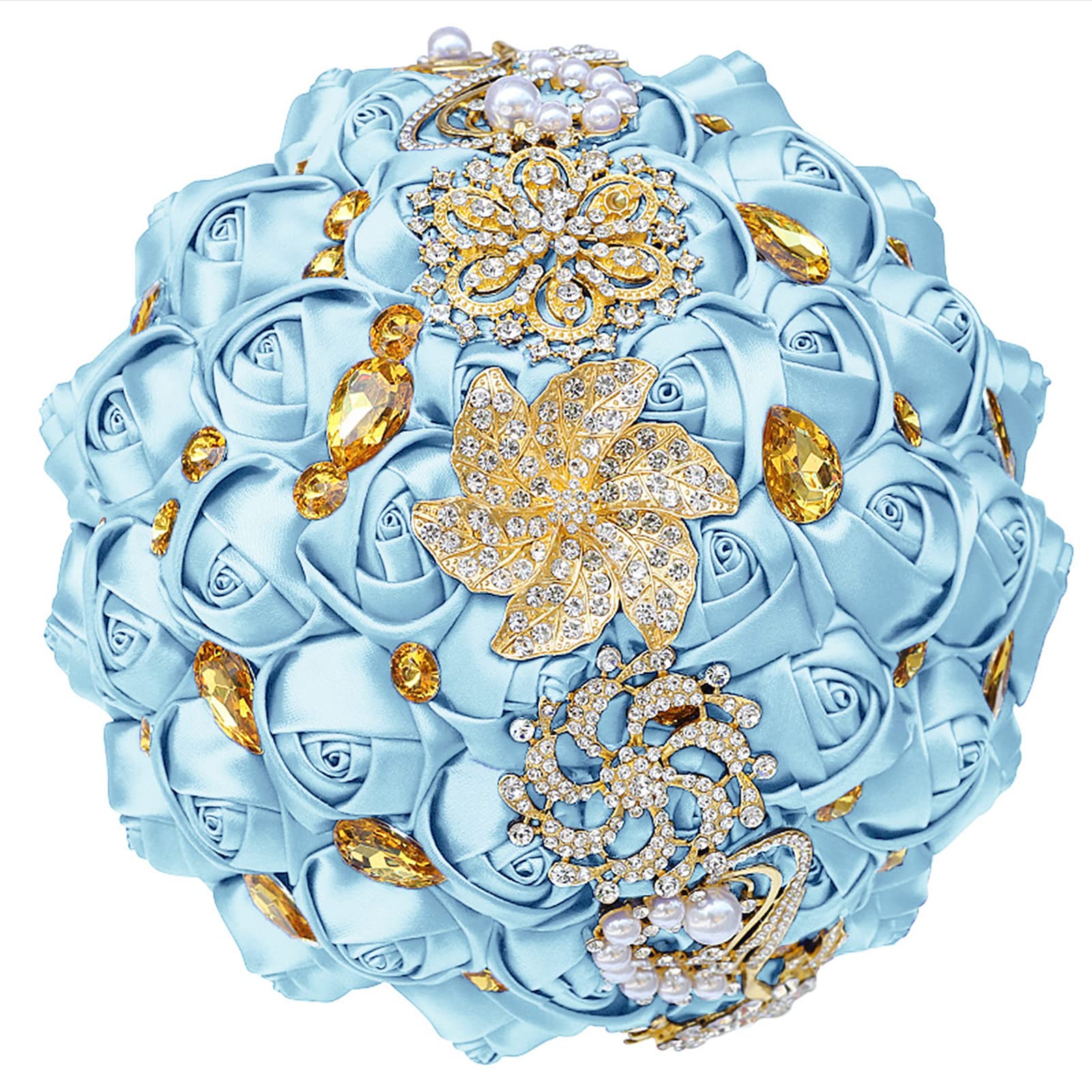 XINNI Luxury Gold Rhinestone Bridal Wedding Bouquet Bride Bridesmaid Satin Rose Flower Bouquet Wedding Decoration Light Blue
