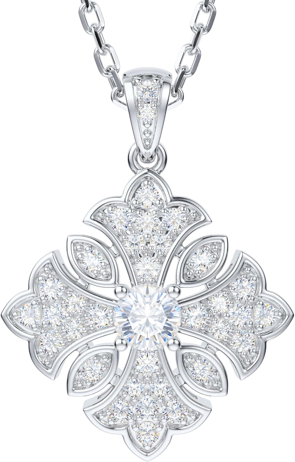 THELANDA Genuine Moissanite Sterling Silver Vintage Classic Cross Flourish Clover Pendant Necklace Adjustable 18-20 Inch Chain with Lobster Clasp Unisex Jewelry for Women and Men