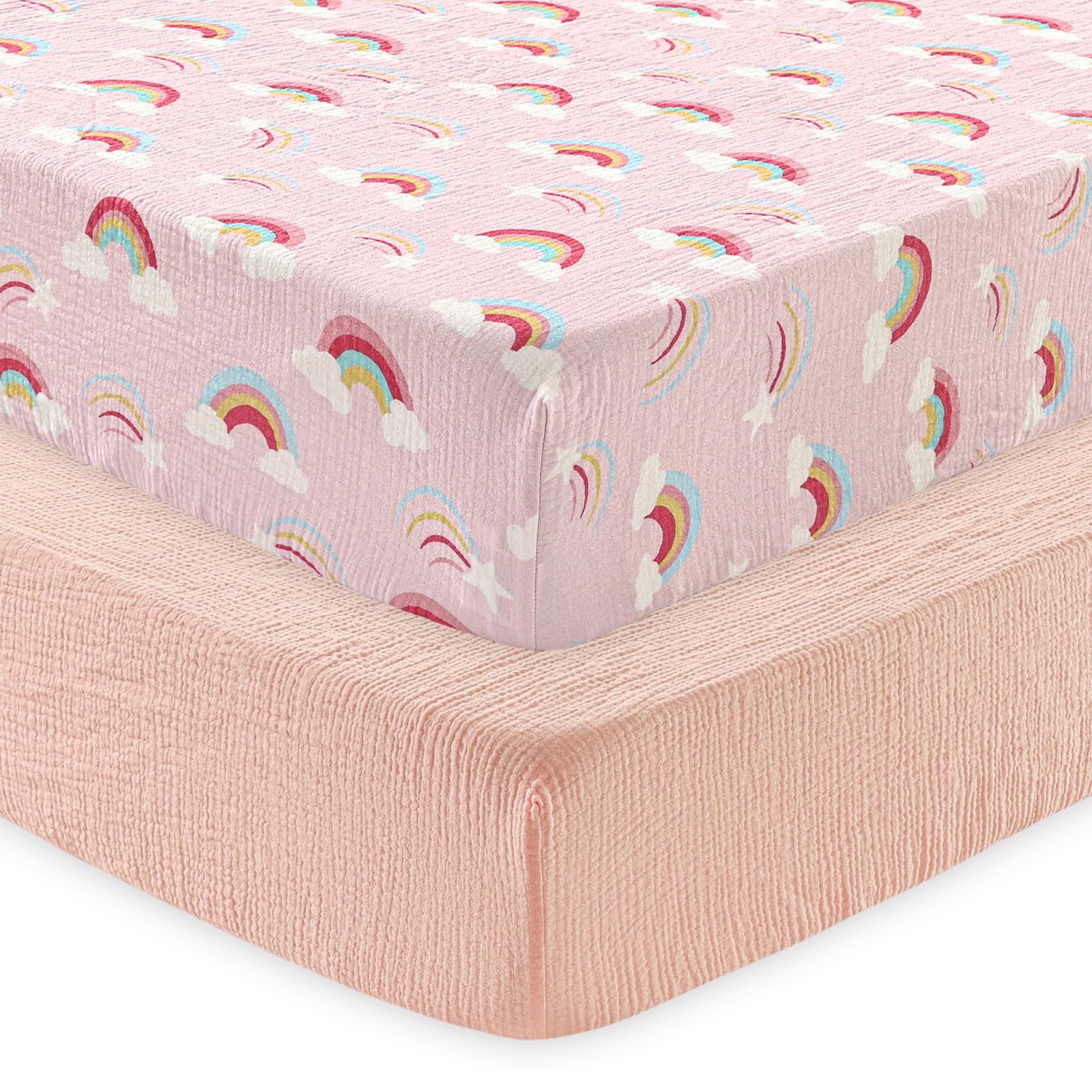 david's kids muslin crib sheets for girls, 2 pack 100% cotton soft breathable fitted baby sheet set, standard 52"x28" crib and toddler mattress, rainbow