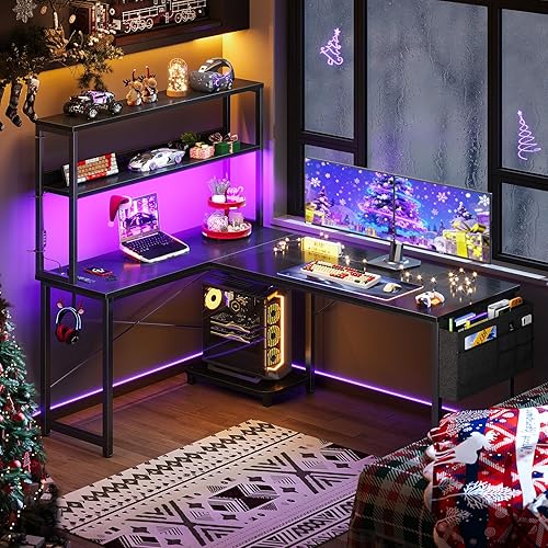 Miniatura 2 de ODK - Escritorio en forma de L de 53 pulgadas con iluminación LED, escritorio reversible para juegos con enchufes de alimentación, mesa de esquina