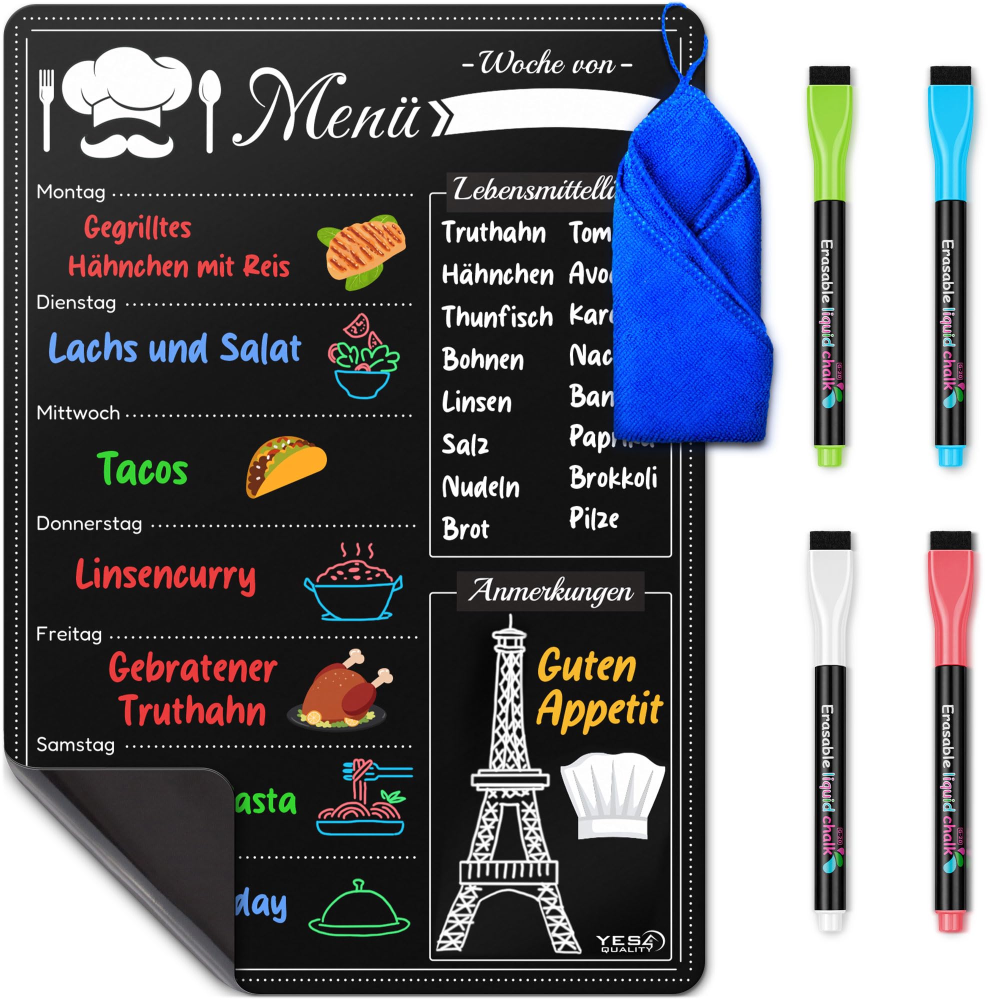 A3 Magnetic Dry Erase Menu Board for Fridge - 40 x 30 cm - Magnetic Black Schedule Board Kitchen Weekly Meal Planner With 4 Markers and 1 Cleaning Cloth - by Yes4Quality